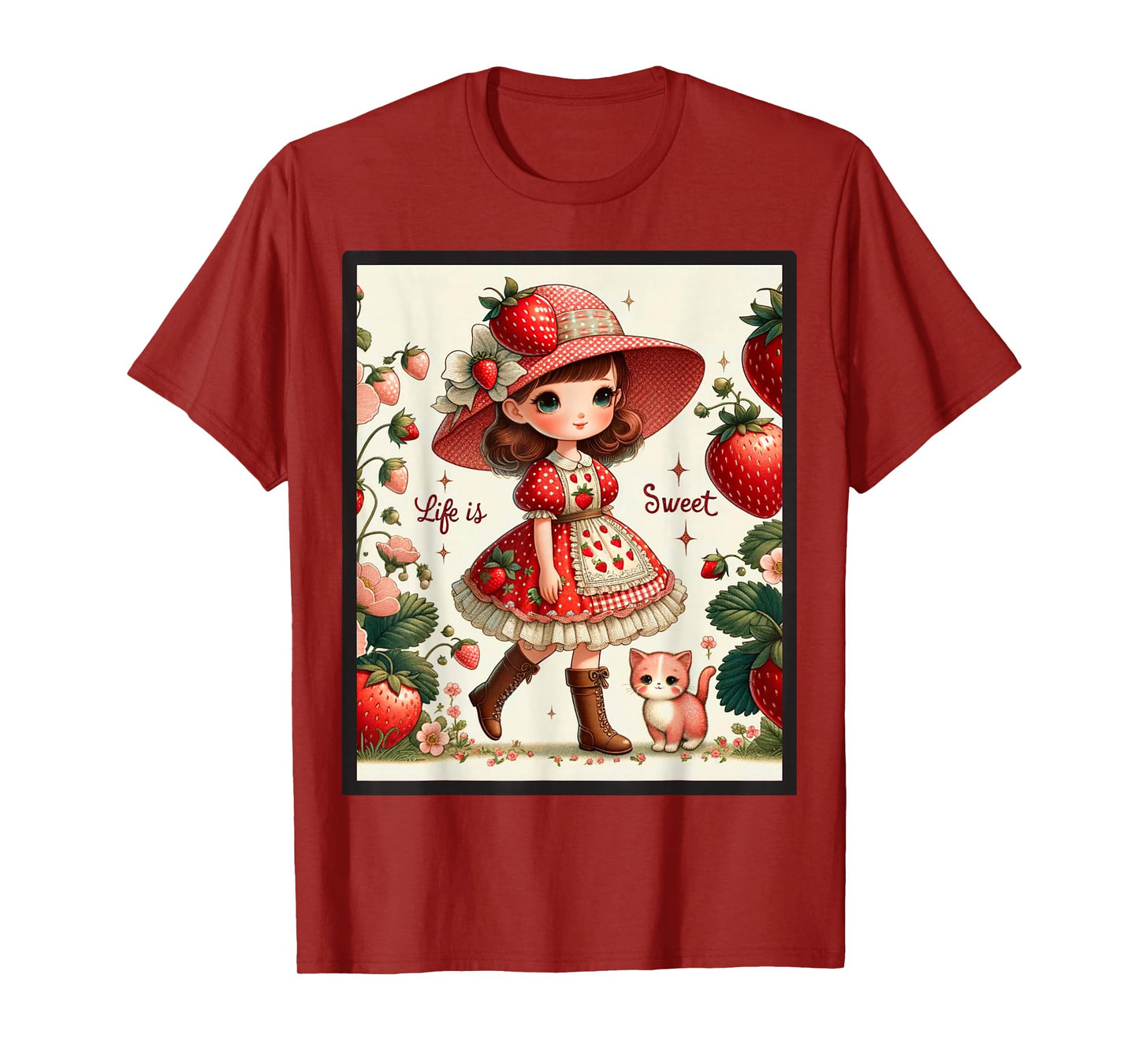 Cute Life Is Sweet Strawberry Cake Vintage Berry Garden T-Shirt