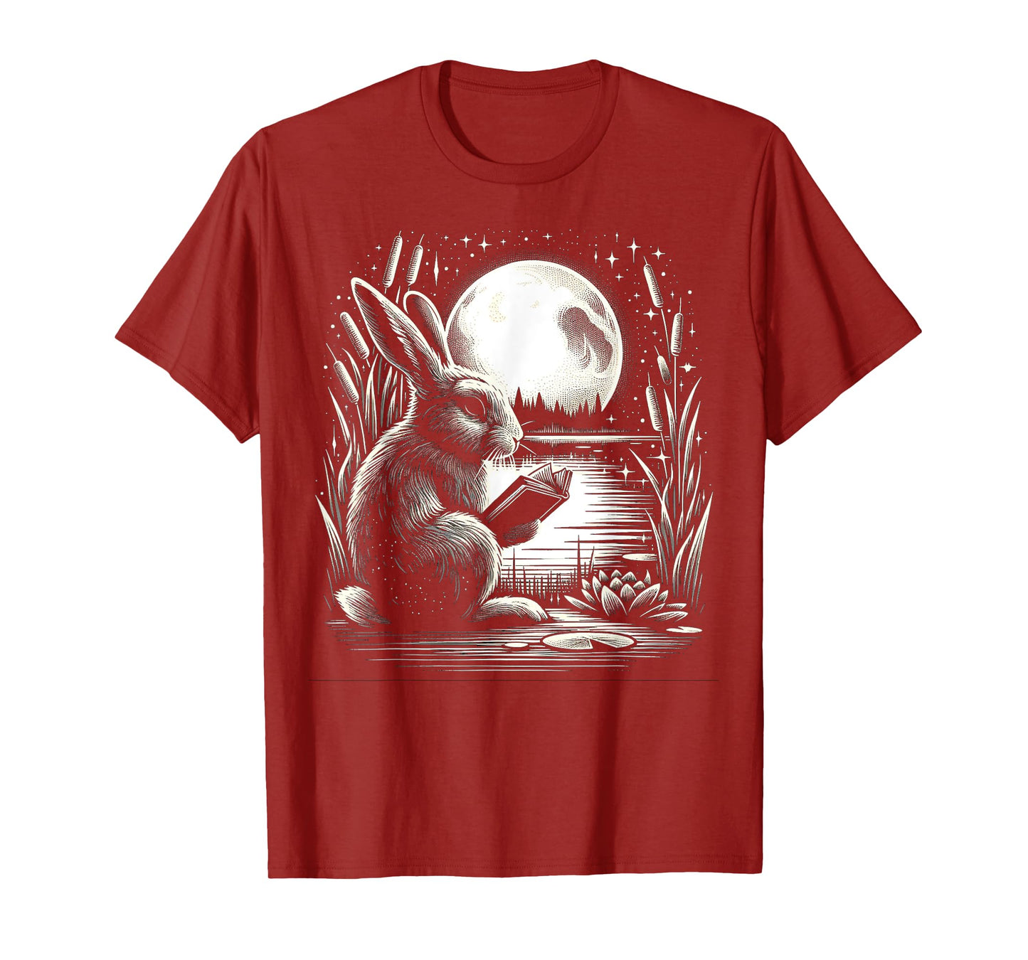 Rabbit Reading Book - Full Moon Lake Scenery T-Shirt