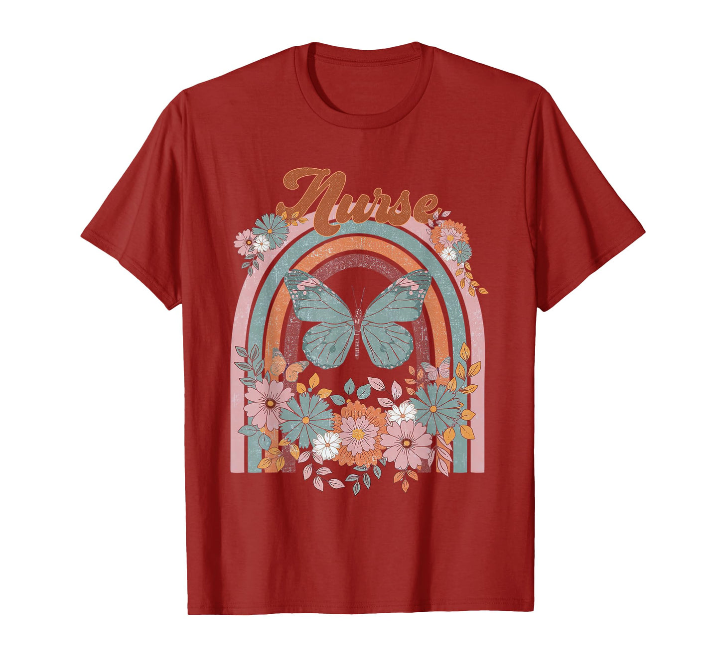 Nurse Vintage Floral Boho Hippie Rainbow Butterfly Men Women T-Shirt