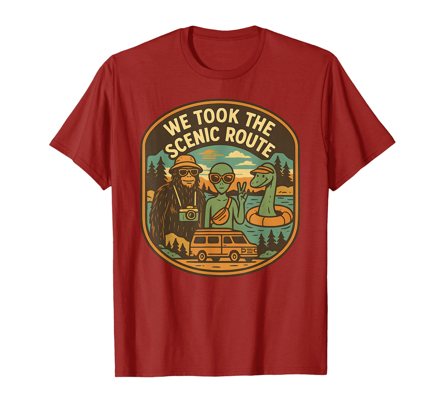 Scenic Route Funny Cryptid Road Trip Bigfoot Alien Nessie T-Shirt