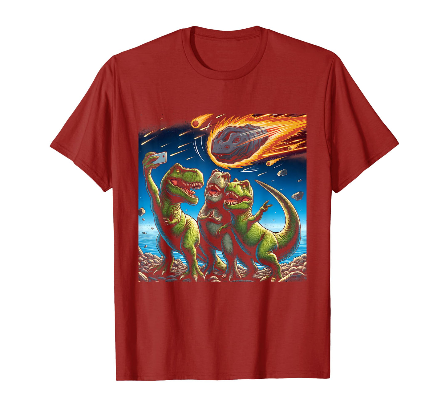 Dinosaur T Rex Selfie Amid Falling Meteor Extinction Moment T-Shirt