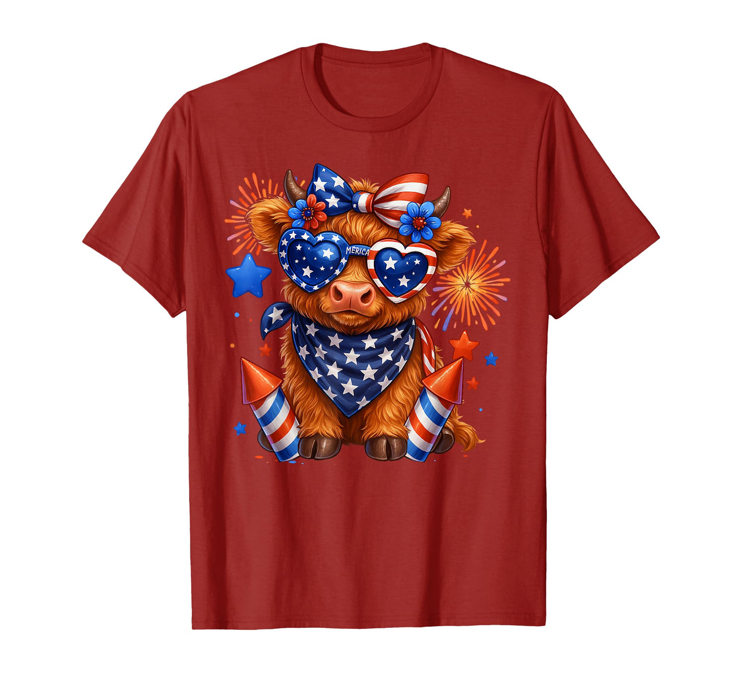 Cute Highland Cow 4th Of July USA Flag Patriotic Cow Farmer T-Shirt