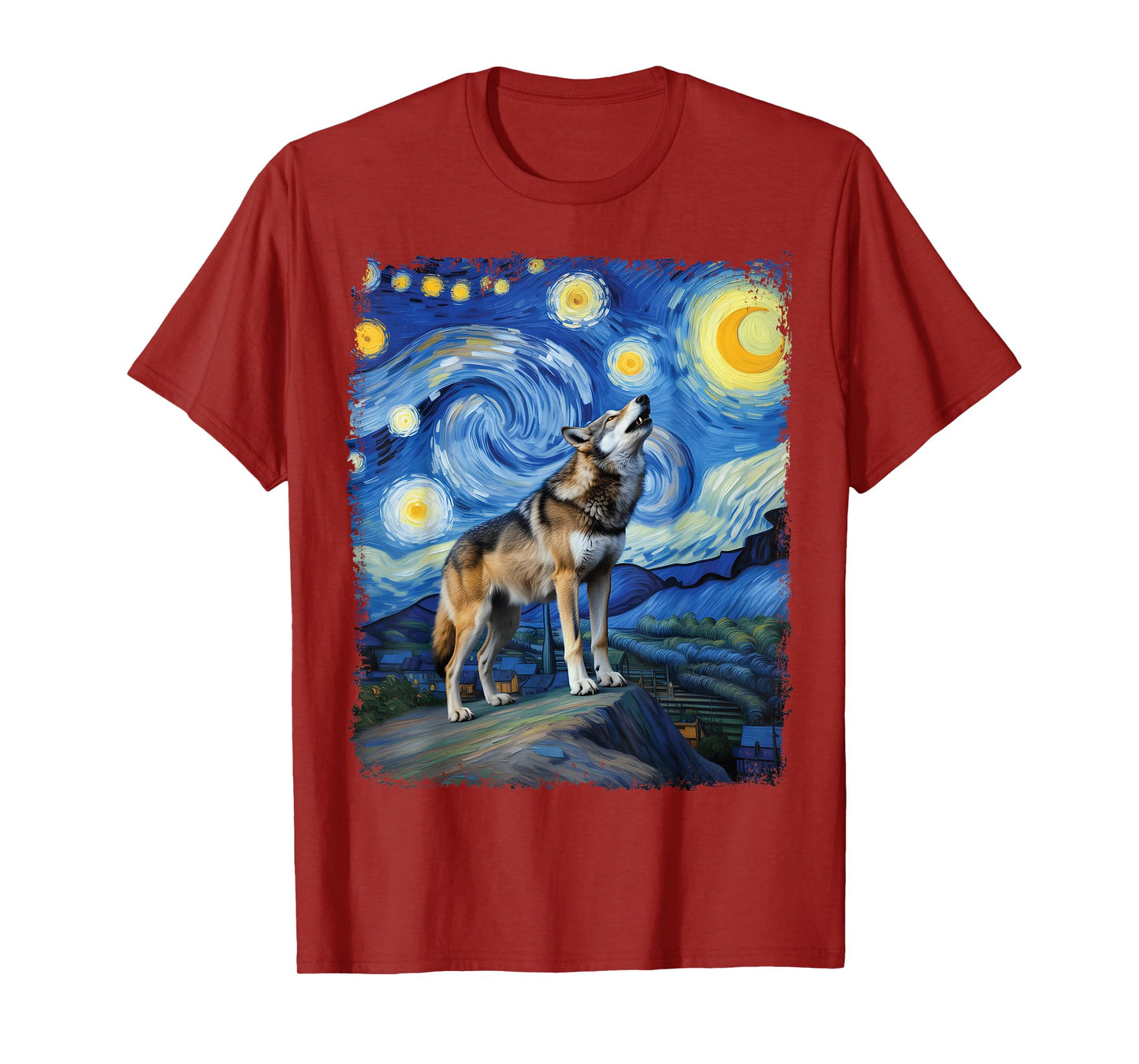 Wolf Starry Night Howling Moon Wildlife Painting T-Shirt