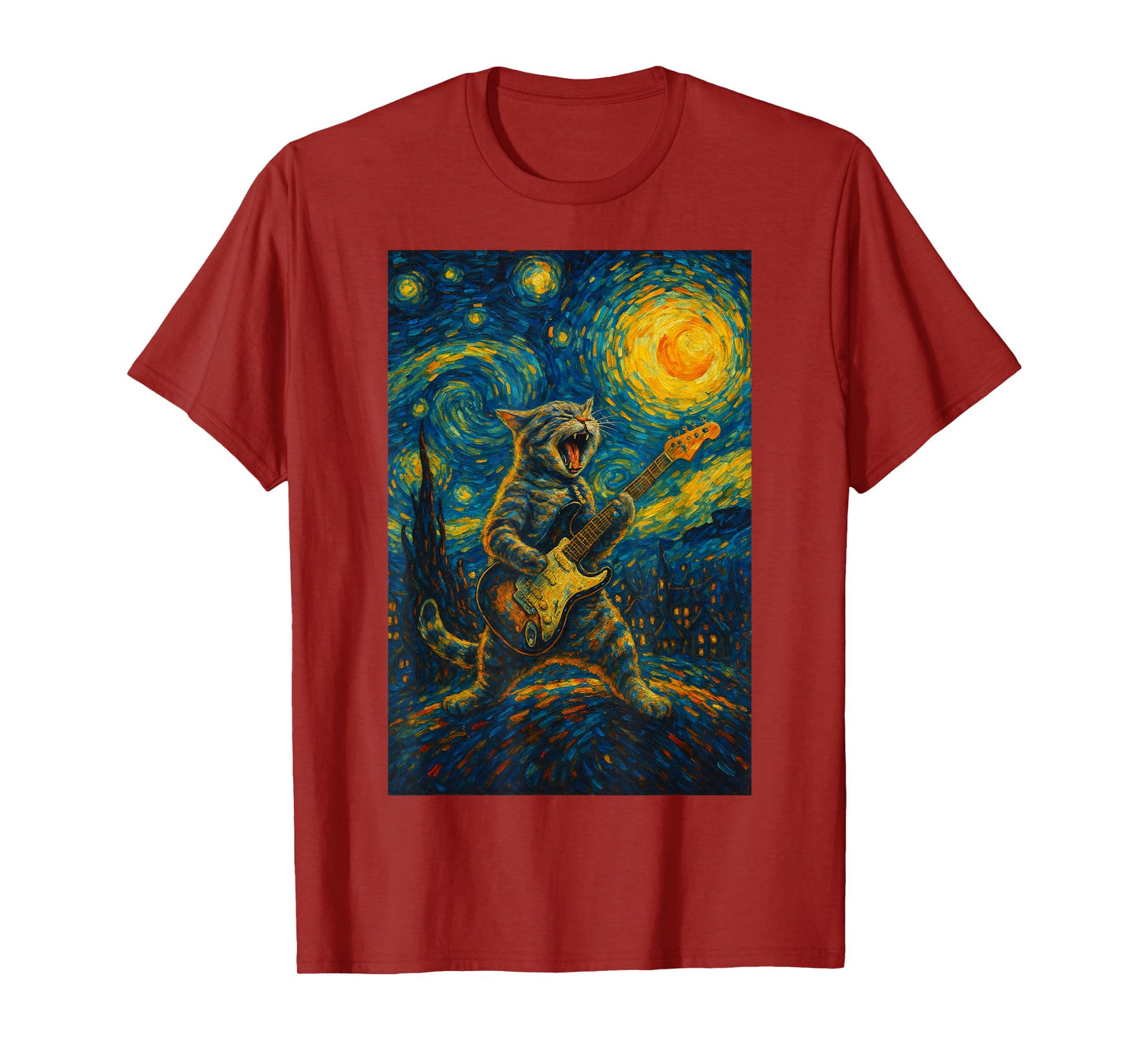 Cat Playing Guitar Rock Star Rock and Roll Cat Lover Art T-Shirt