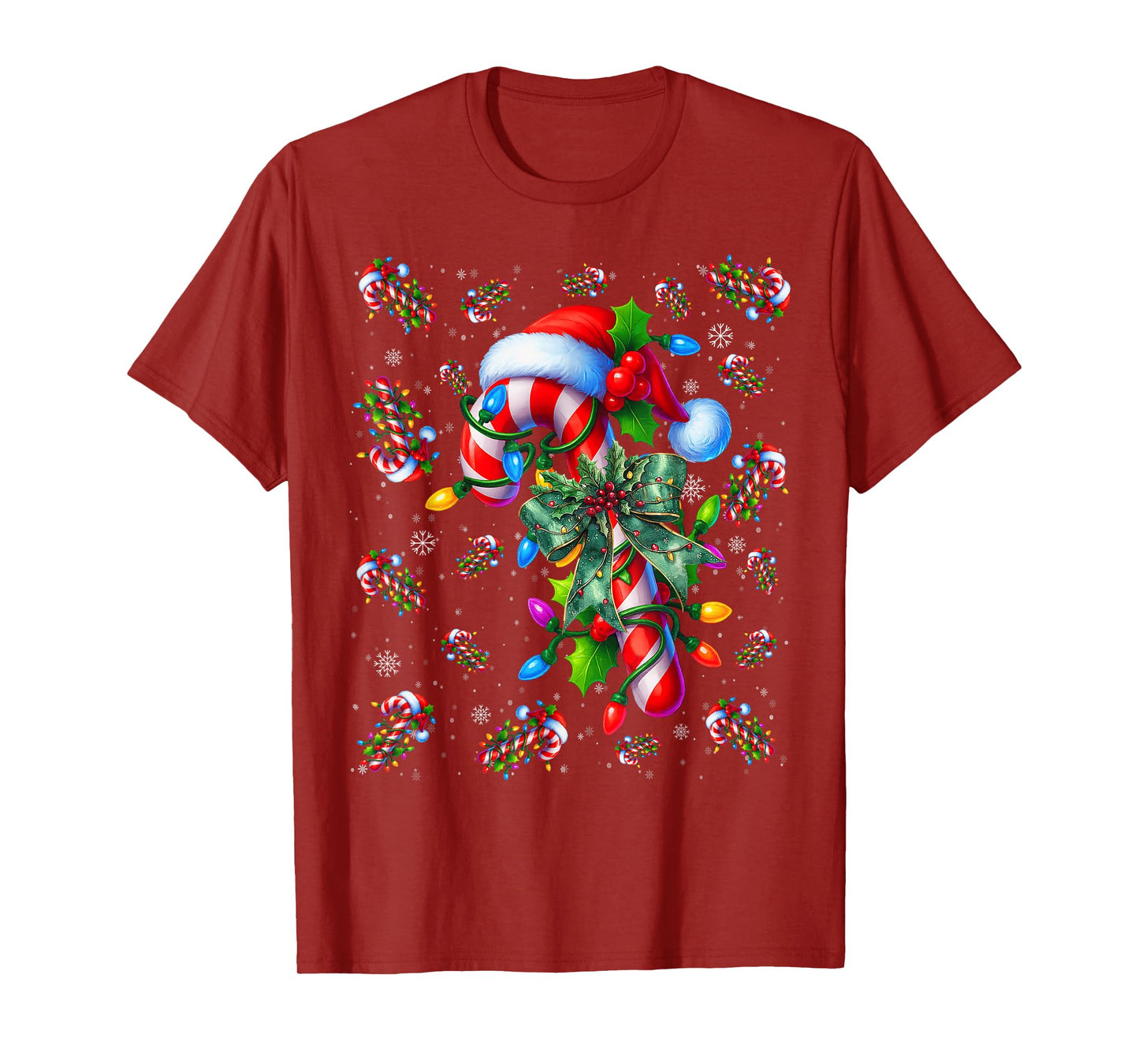 Candy Cane Santa Hat Christmas Lights Merry and Bright Xmas T-Shirt