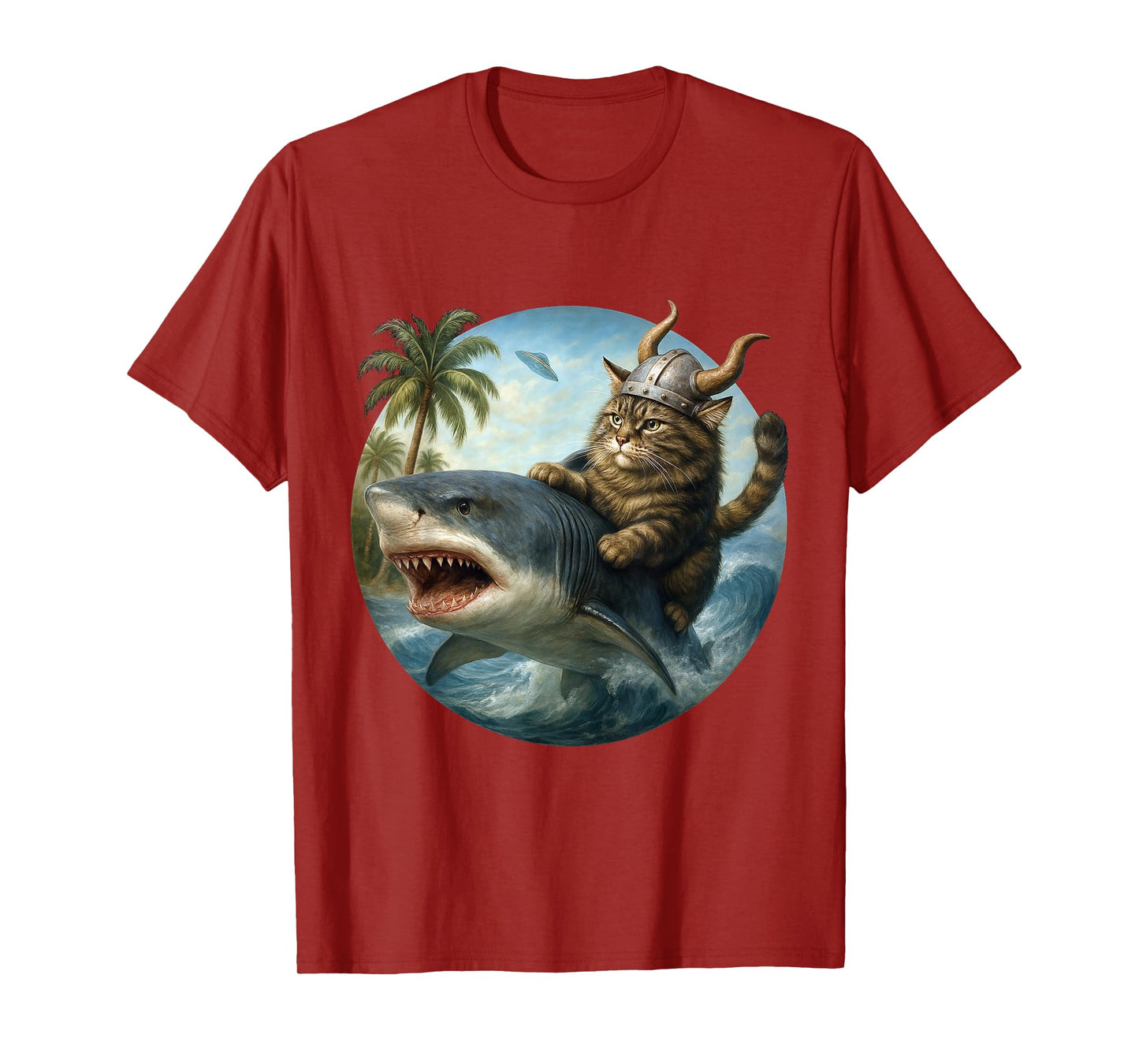 Epic Viking Cat Surfing Shark Quirky Cat Ocean Adventure Art T-Shirt