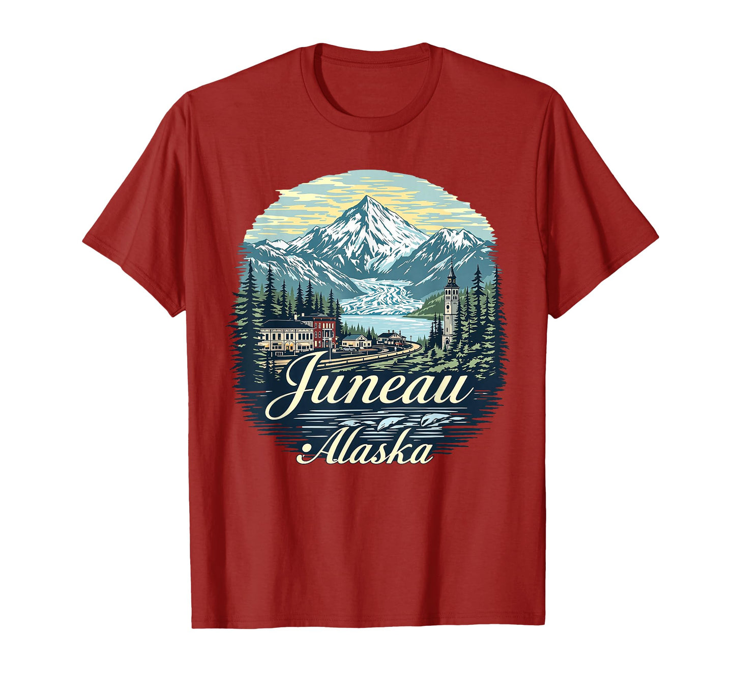Vintage Juneau Alaska Sunset Skyline Mountains Cityscape T-Shirt