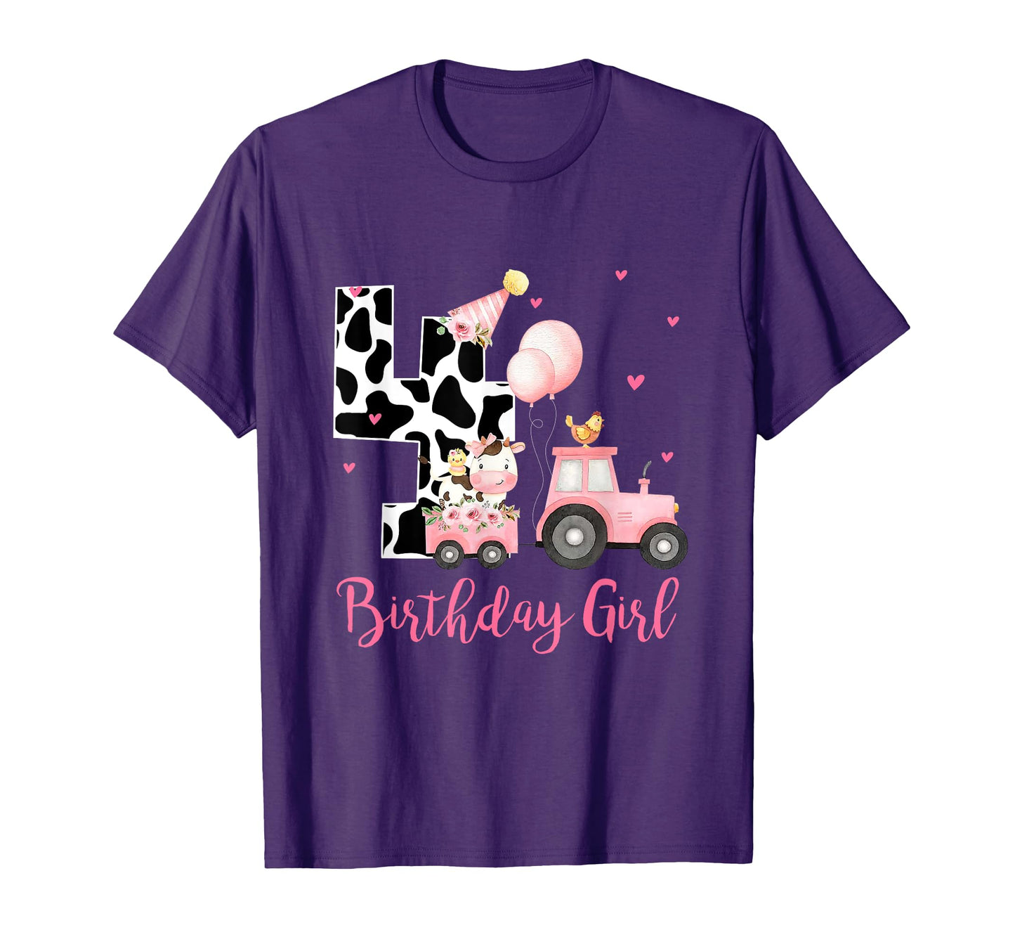 4th Birthday Outfit Girl 4 Year Old Farm Cow Chick Tractor T-Shirt
