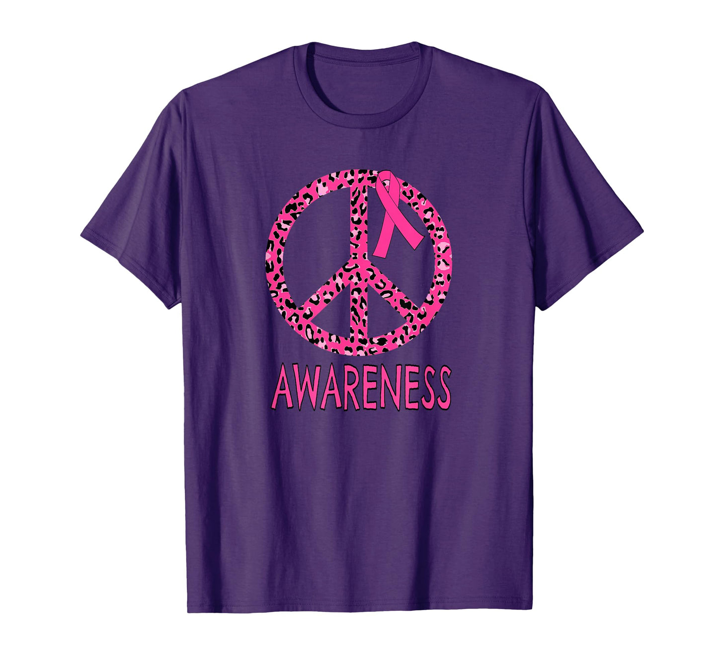 Breast Cancer Peace Sign Pink Leopard Print T-Shirt