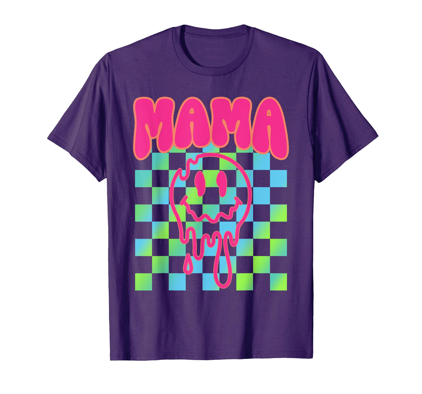 Colorful Rainbow Checkered Mama Funny Face Mom Life Womens T-Shirt