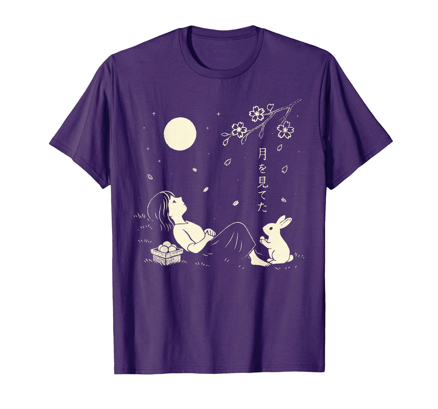 Girl & Rabbit Full Moon Cherry Blossom Japanese Harajuku T-Shirt