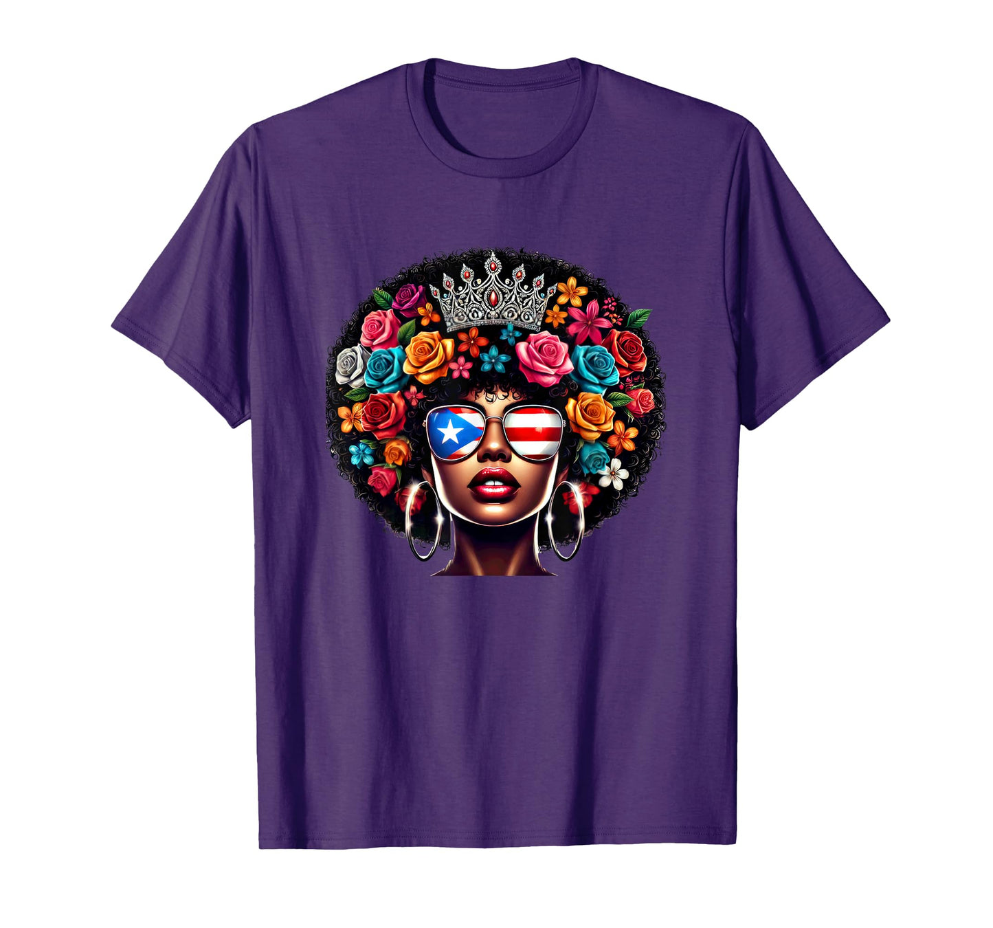 Afro Boricua Queen Crown Flowers Sunglasses Puerto Rico Flag T-Shirt