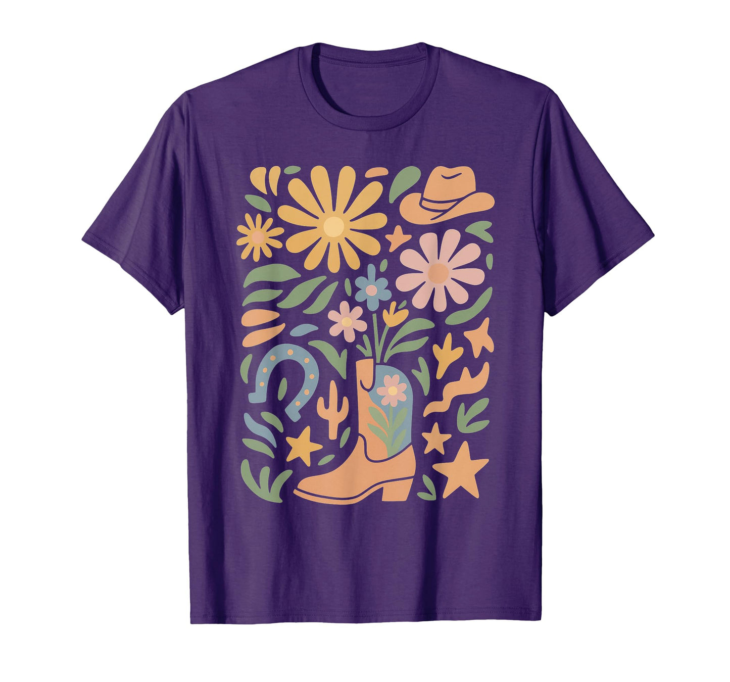 Boho Flowers Cowgirl Pink Boots Cow Skull Western Country T-Shirt