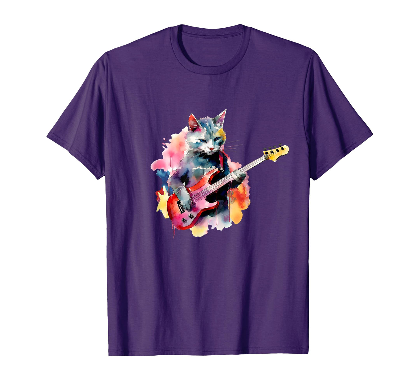 Cat Playing Bass Guitar Watercolor Graphic Design T-Shirt