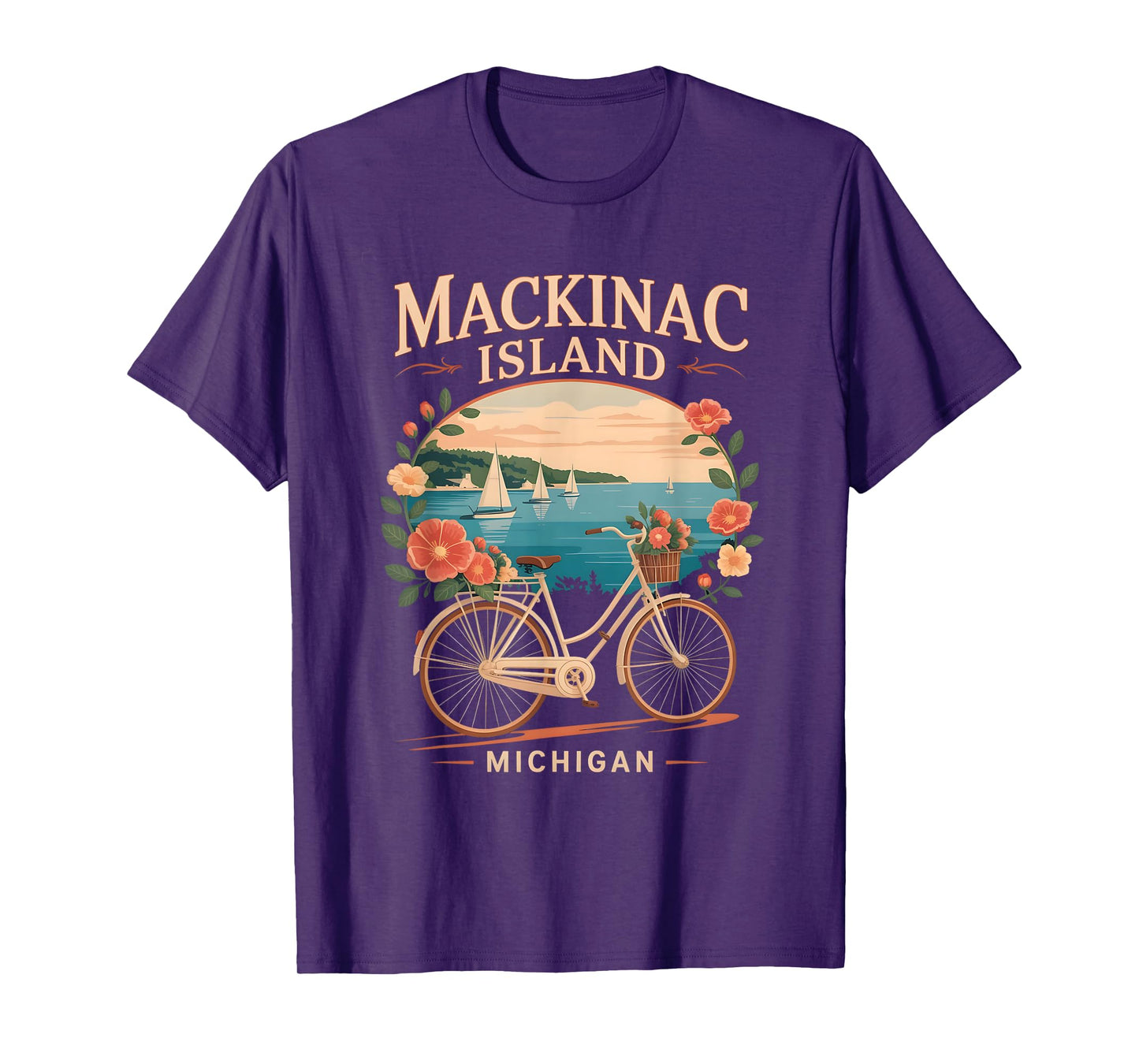 Vintage mackinac island michigan with Activities flower bike T-Shirt
