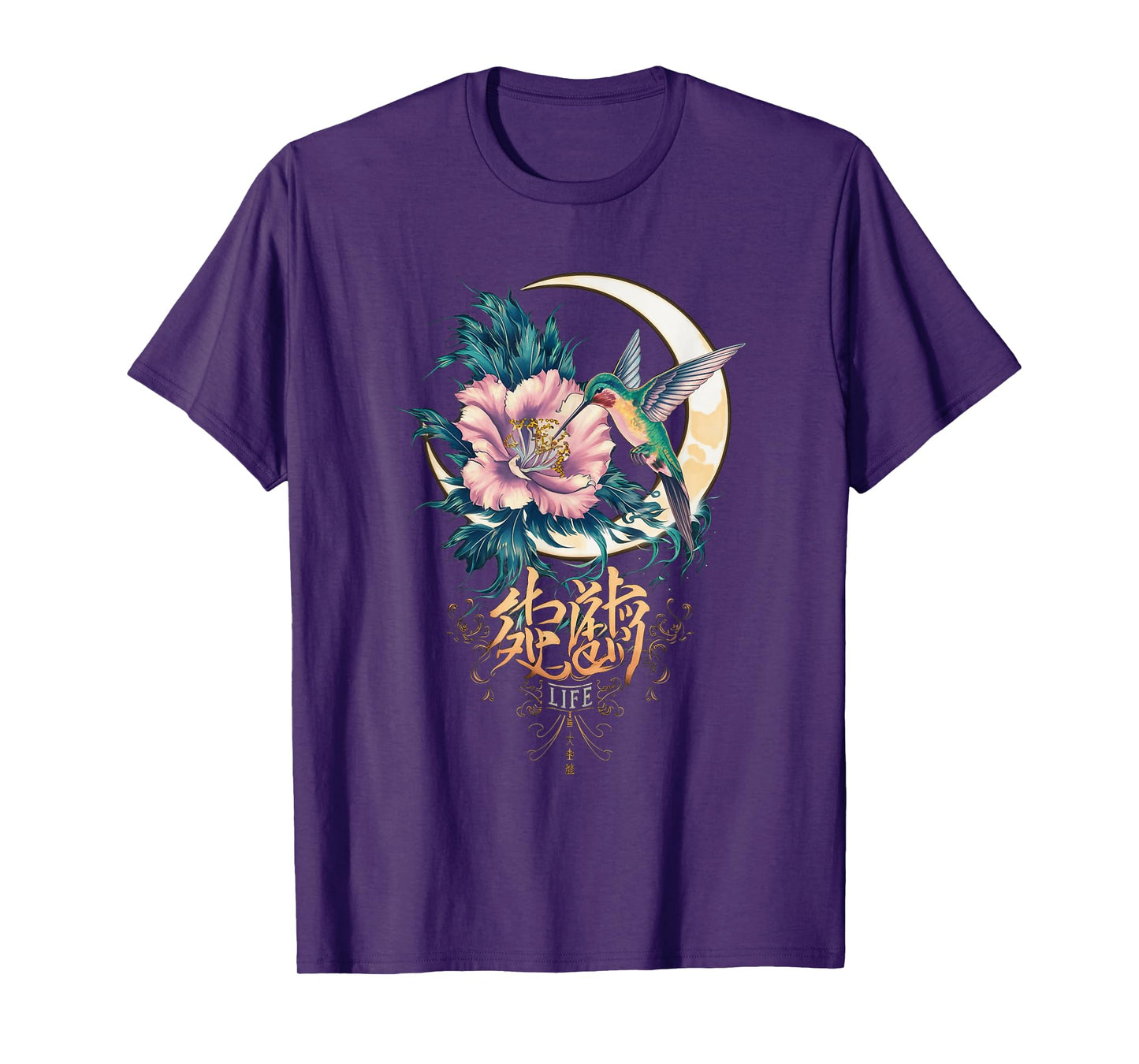 Vibrant Life Hummingbird with Hibiscus Moon Japanese Style T-Shirt