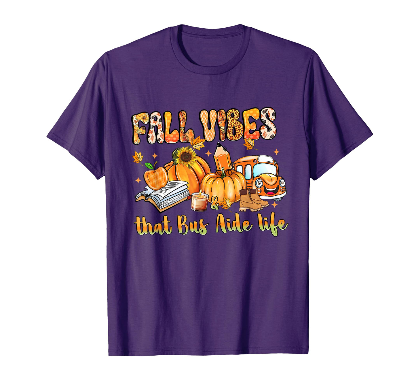 Fall Vibes & That Bus Aide Life Pumpkin Leopard School Bus T-Shirt