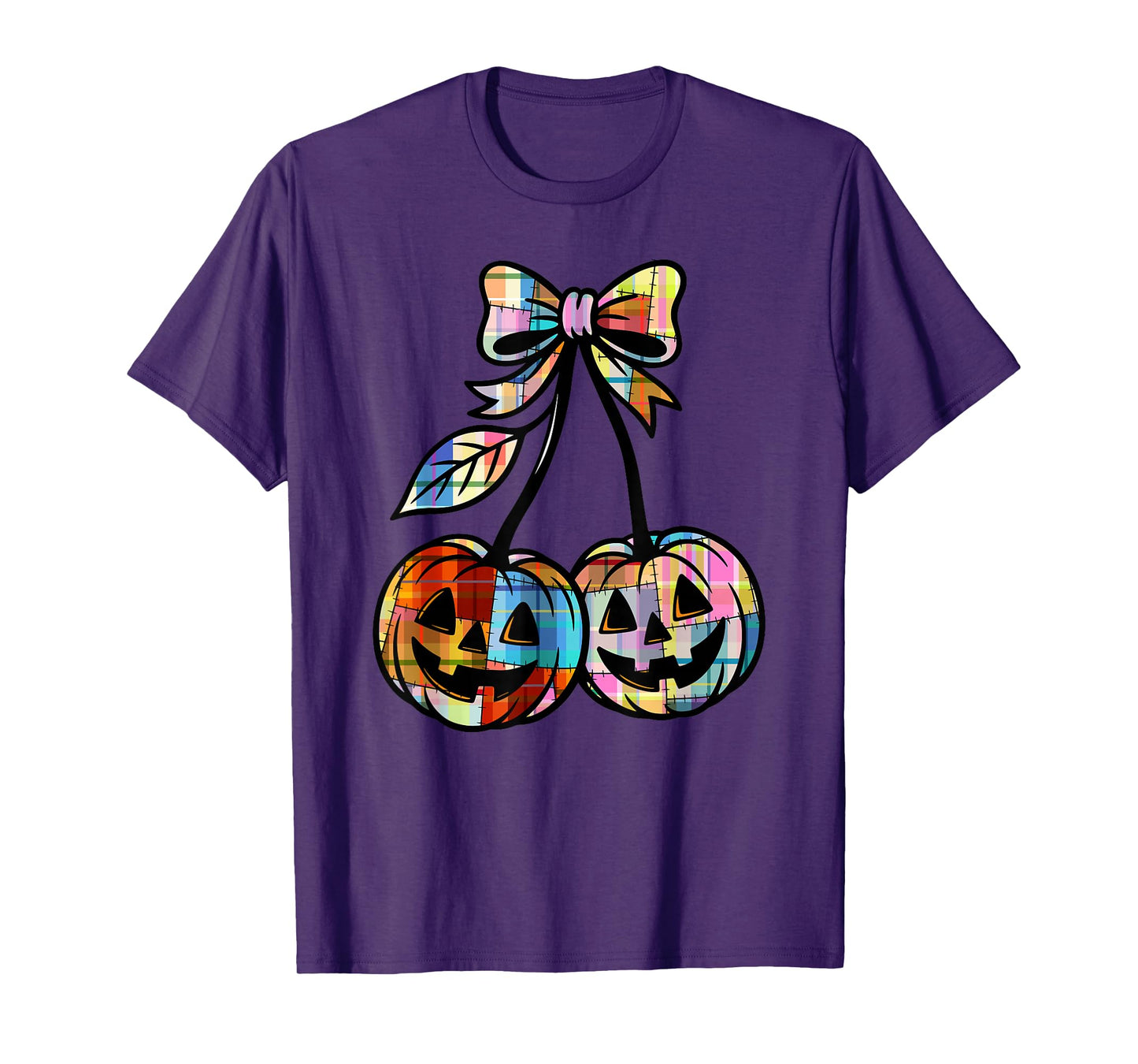 Pumpkin Cherries Coquette Plaid Retro Cherry Jack O'Lantern T-Shirt