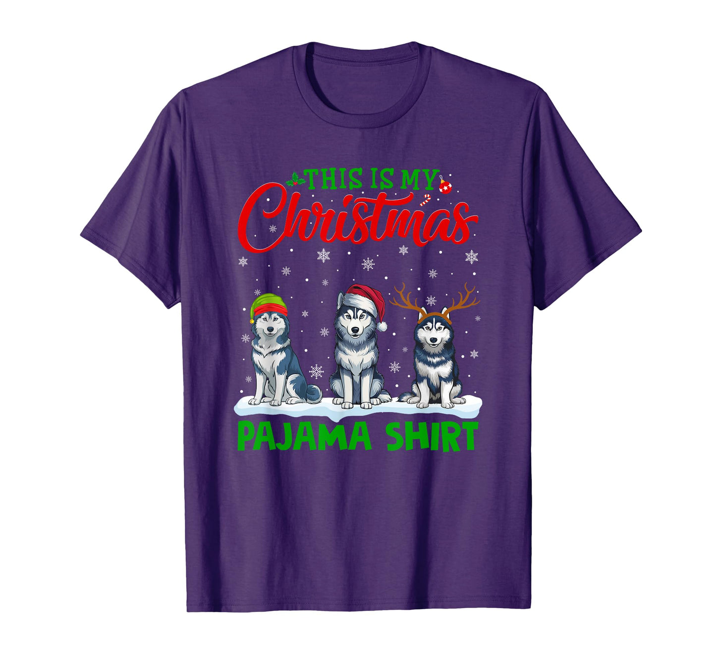 Xmas Santa Hat Reindeer Siberian Husky Dog Christmas Pajama T-Shirt
