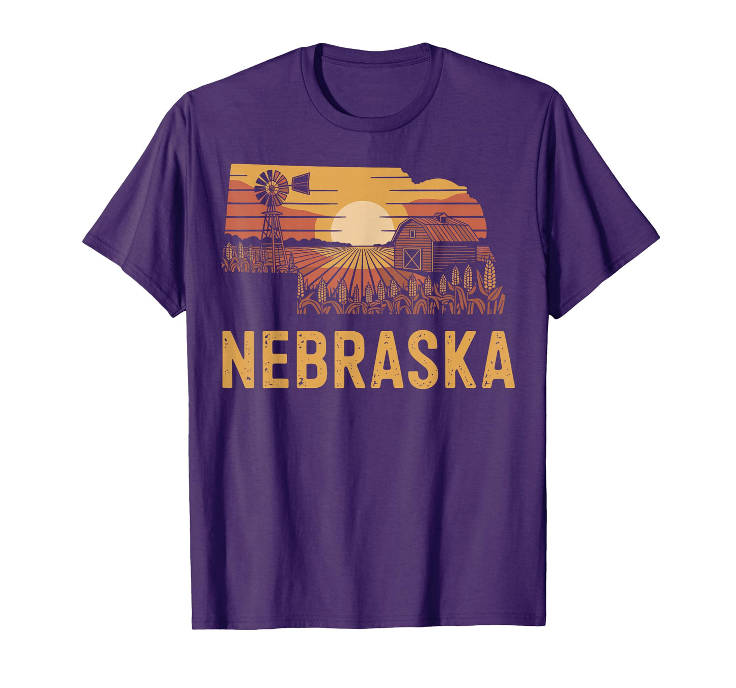 Nebraska barn windmill sunset farmland crops retro T-Shirt