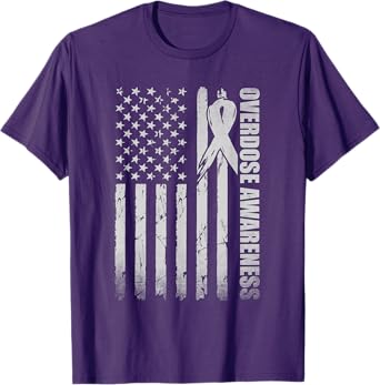 Overdose Awareness Month Purple Ribbon American Flag Mens T-Shirt