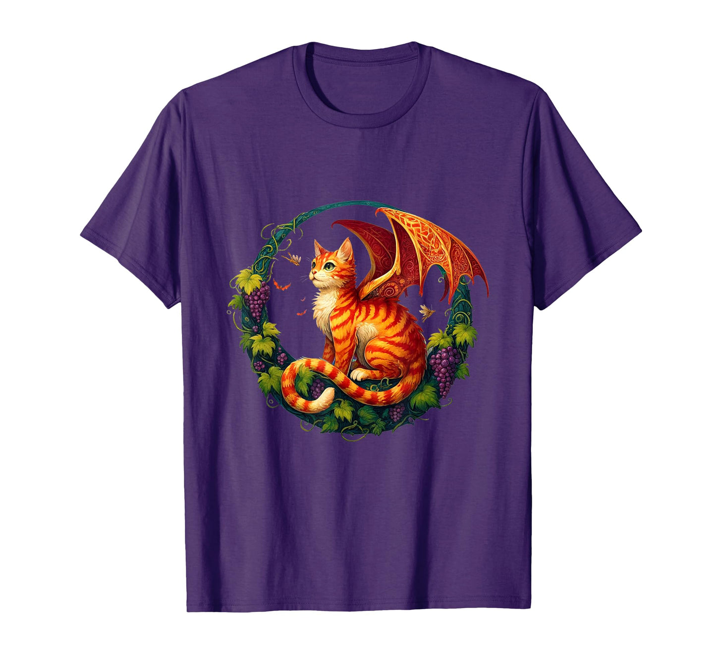 Retro Mystical Orange Tabby Dragon Cat Fae With Grapevines Men Women Kids T-Shirt