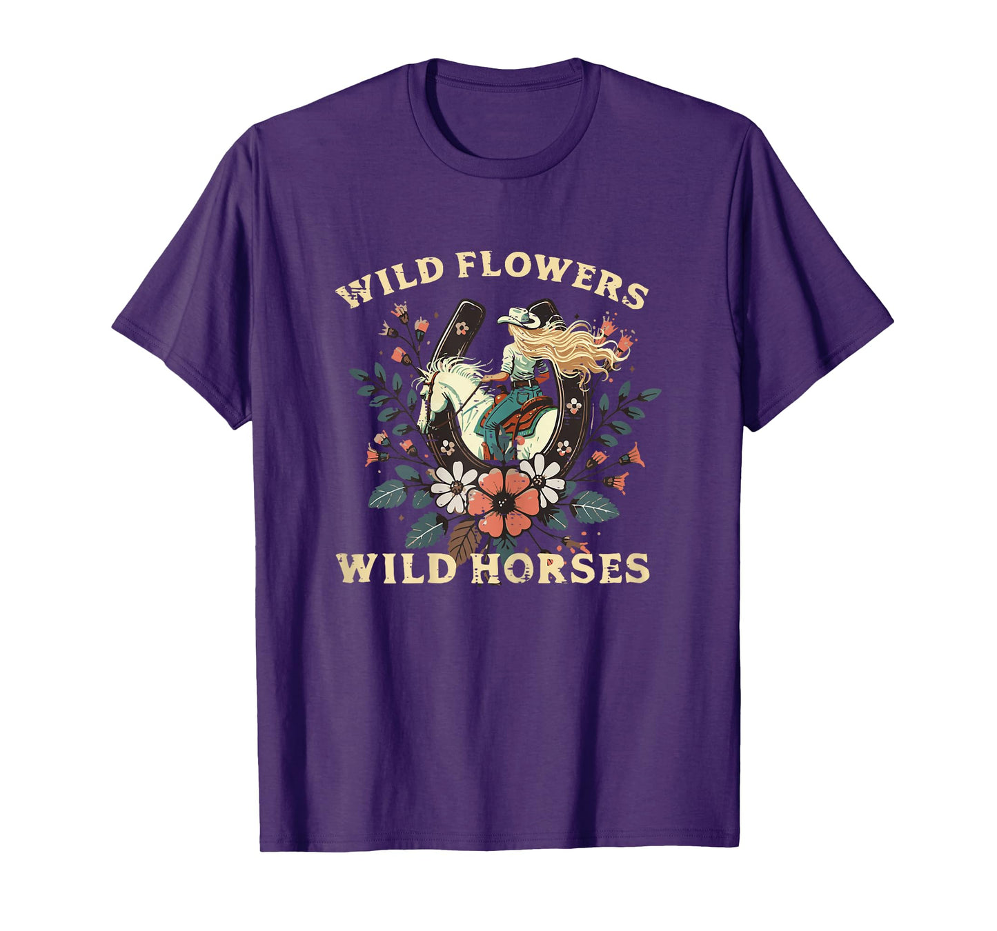 Wild Flowers Horses Vintage Equestrian Farm Women Girls Kids T-Shirt