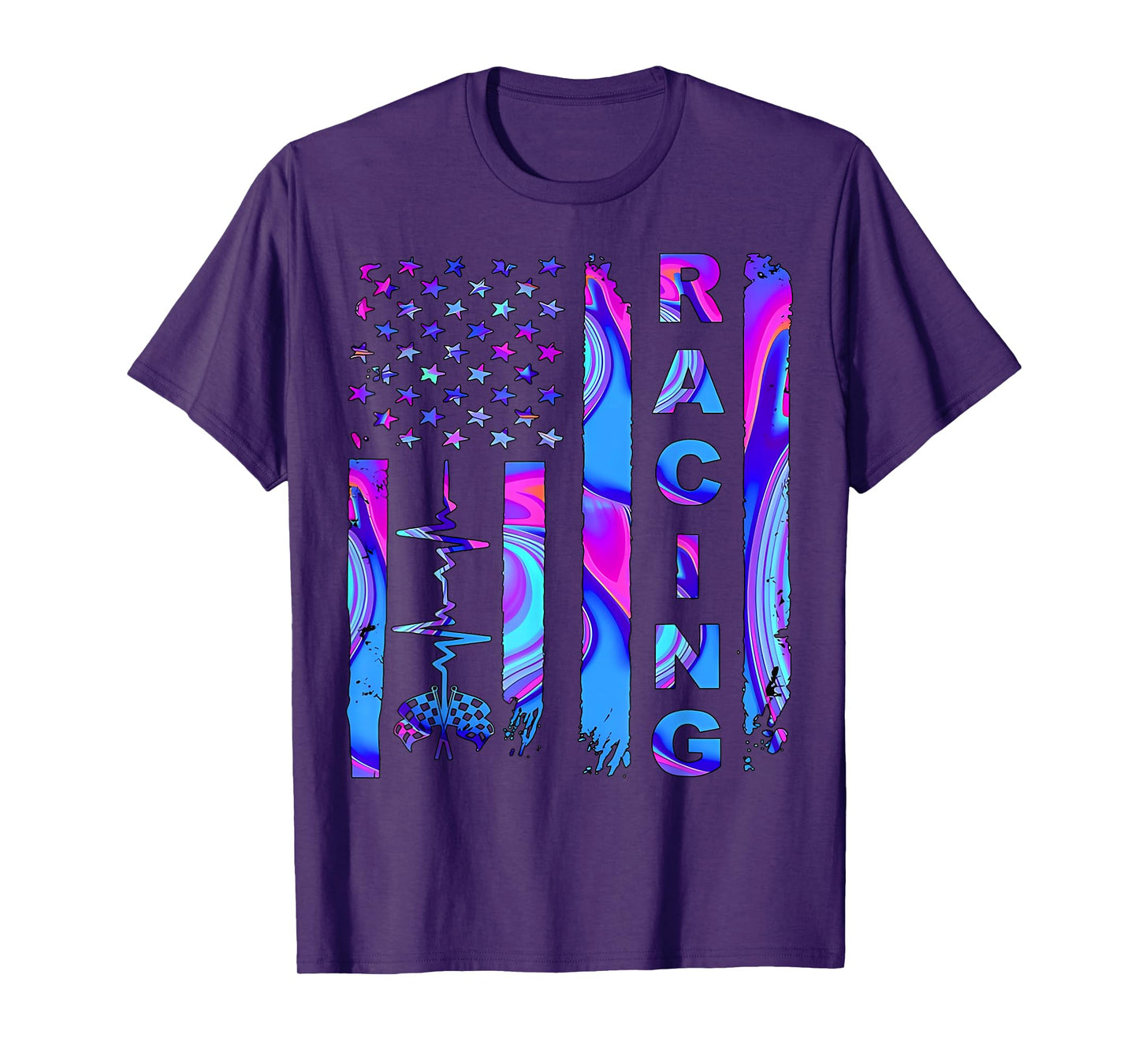Tie Dye Heartbeat Checkered Flag Racing Patriotic Race Life T-Shirt for Women Men