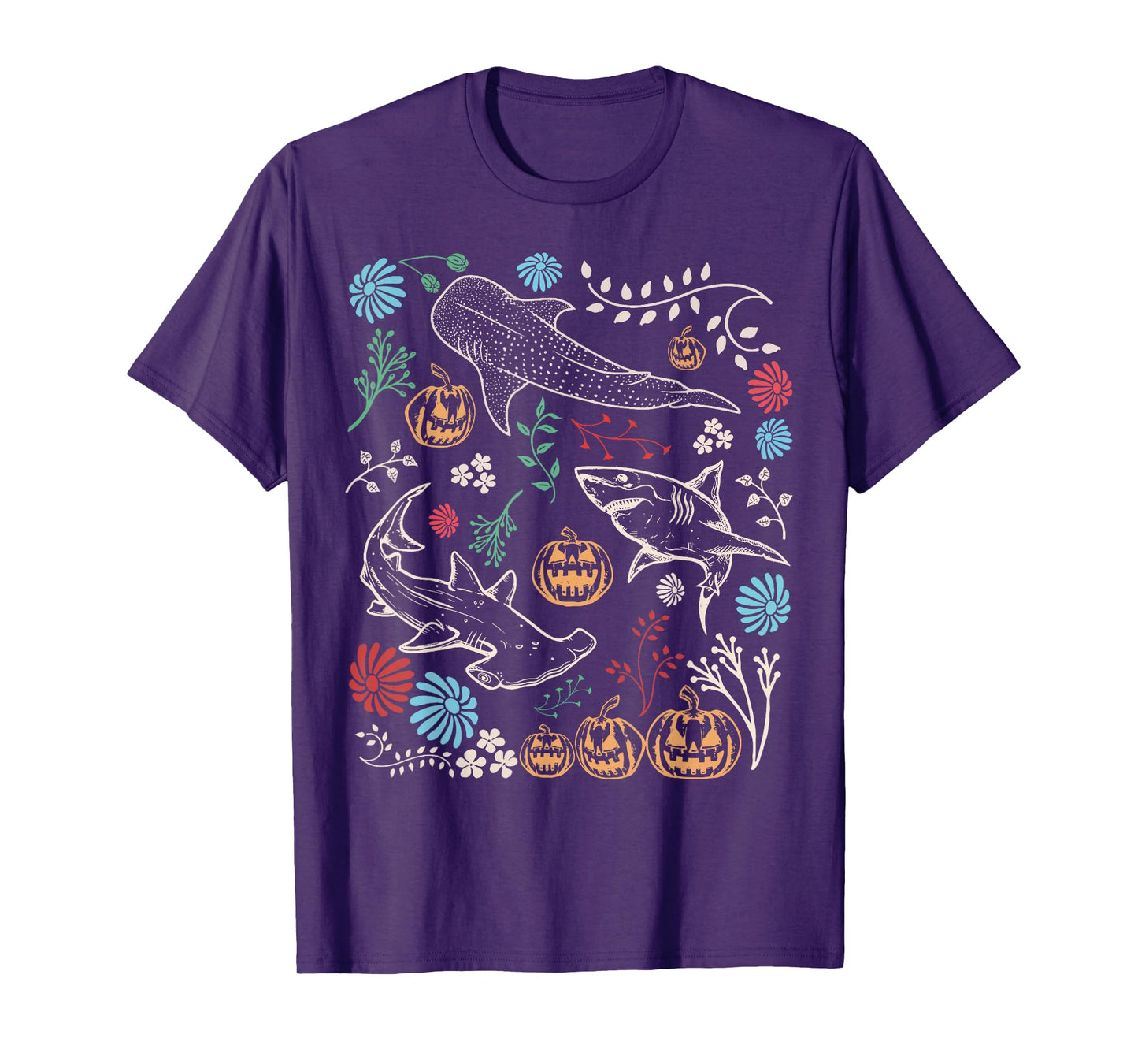 Vintage 90s Halloween Shark Pumpkin Ocean Marine Biology T-Shirt