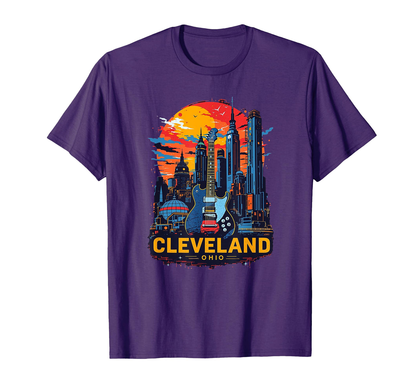 Vintage Cleveland Ohio Guitar Skyline Cityscape T-Shirt