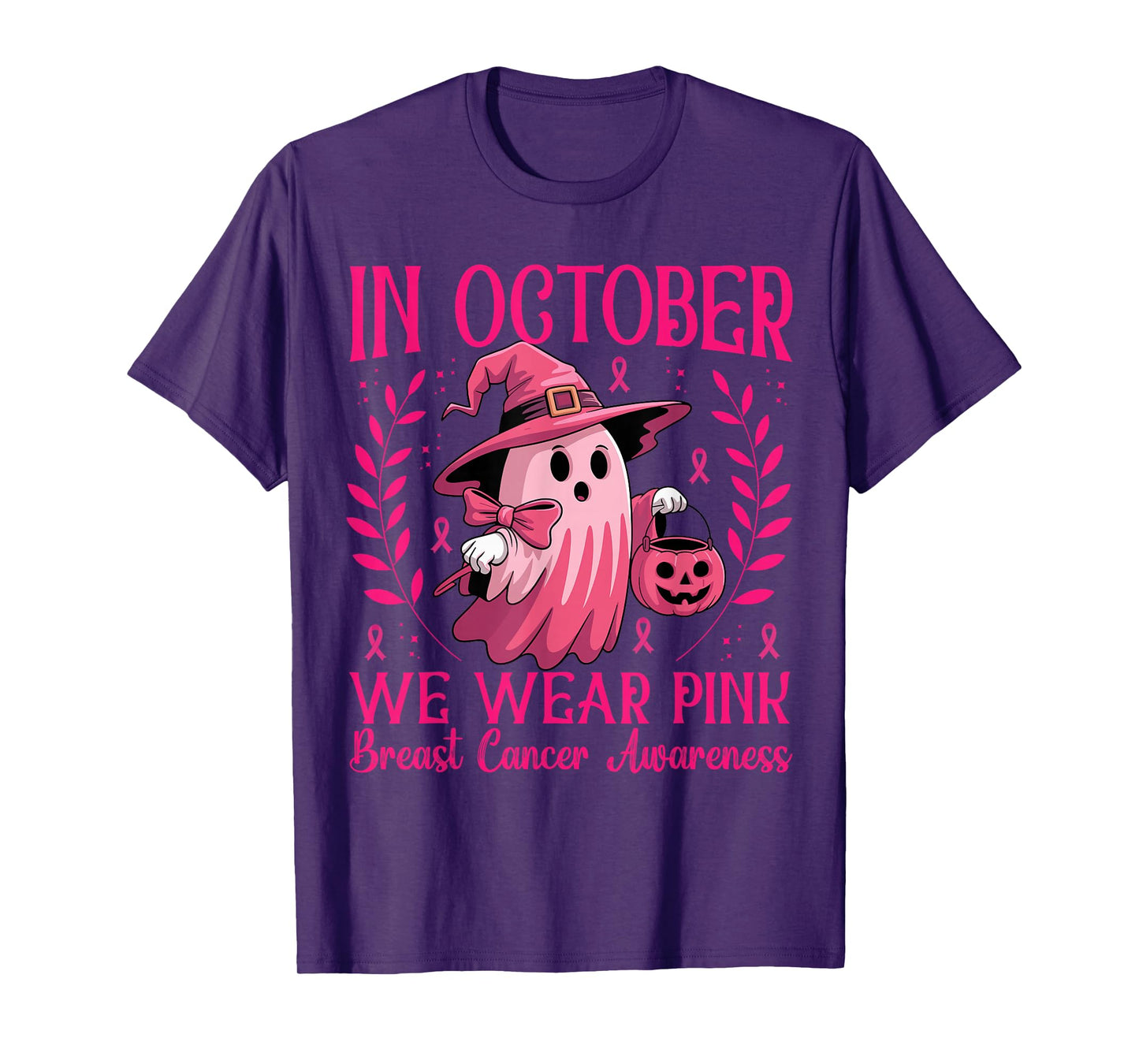 in October We Wear Pink Ghost Witch Breast Cancer Awareness T-Shirt