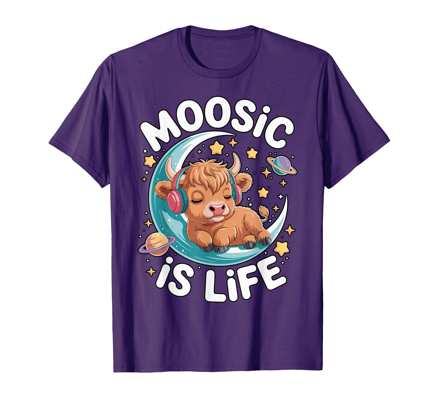Funny Moosic is Life Cute High Land Cow On Moon Women, Girls T-Shirt