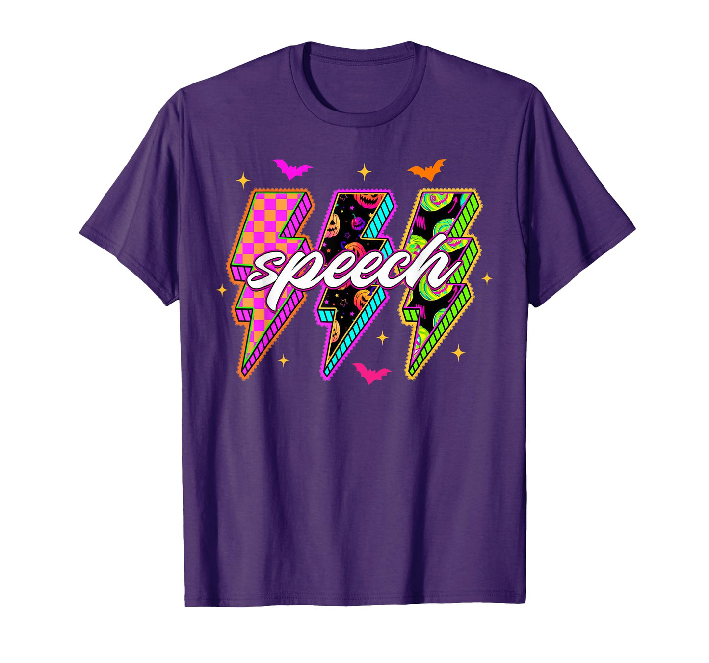 Speech SLP Retro Halloween Vibrant Color Lightning Checkered T-Shirt
