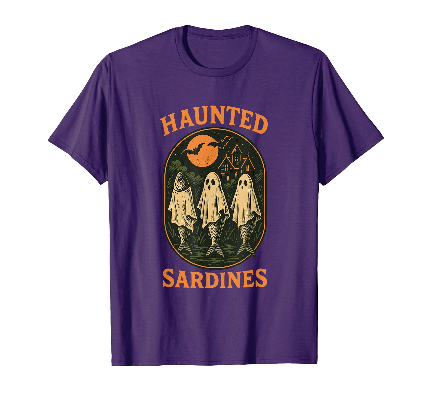 Haunted Sardines Halloween Fish Skeleton Ghost Retro Fishing T-Shirt