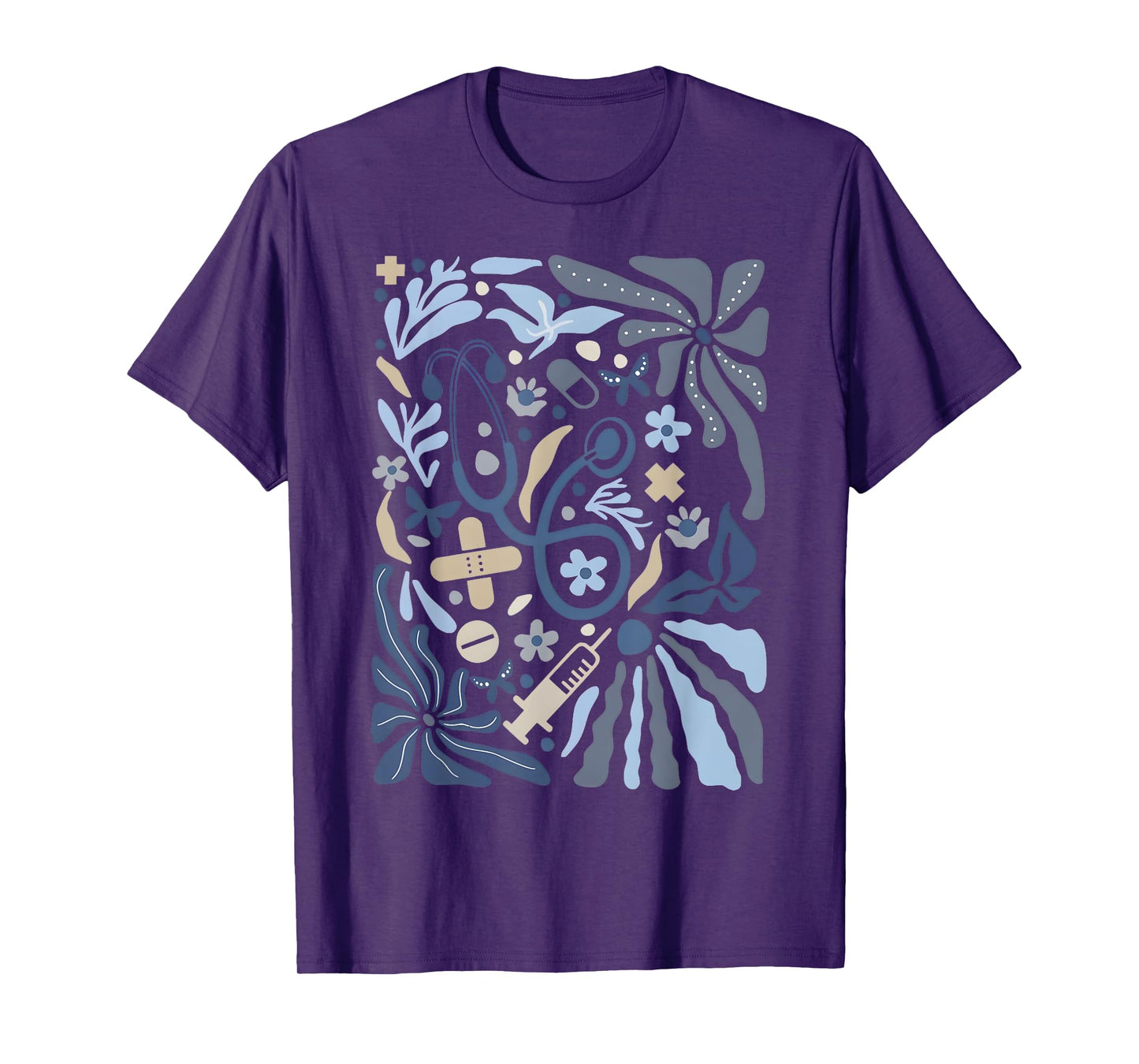 Boho Floral Nurse Vintage Botanical Blue Flowers Stethoscope T-Shirt