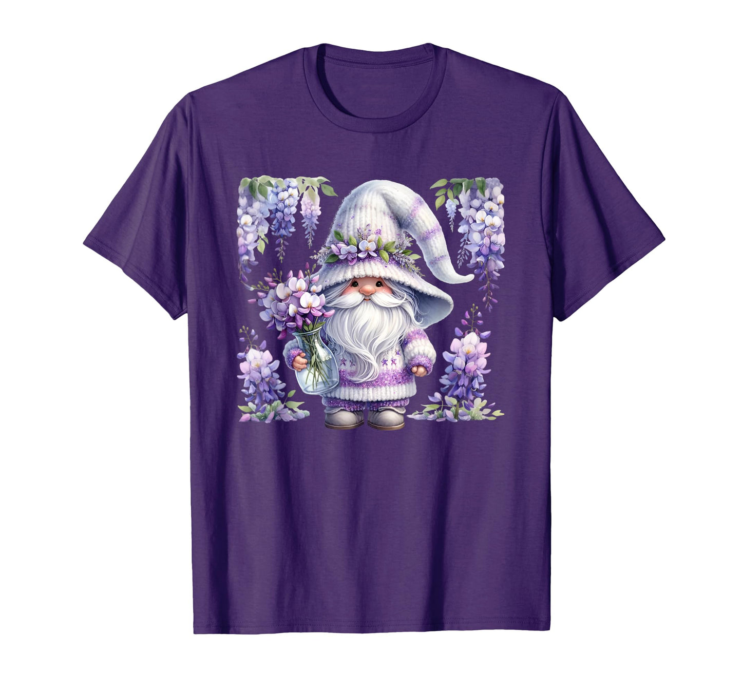 Purple Wisteria Flowers For Mom Cute Gardening Gnome Floral T-Shirt
