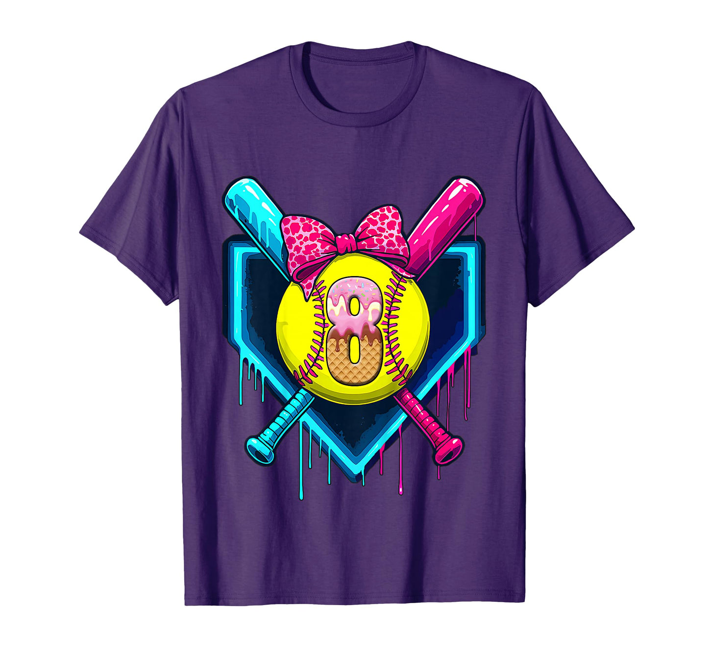 Softball 8 Years Old Ice Cream Drip 8th Birthday Girl T-Shirt