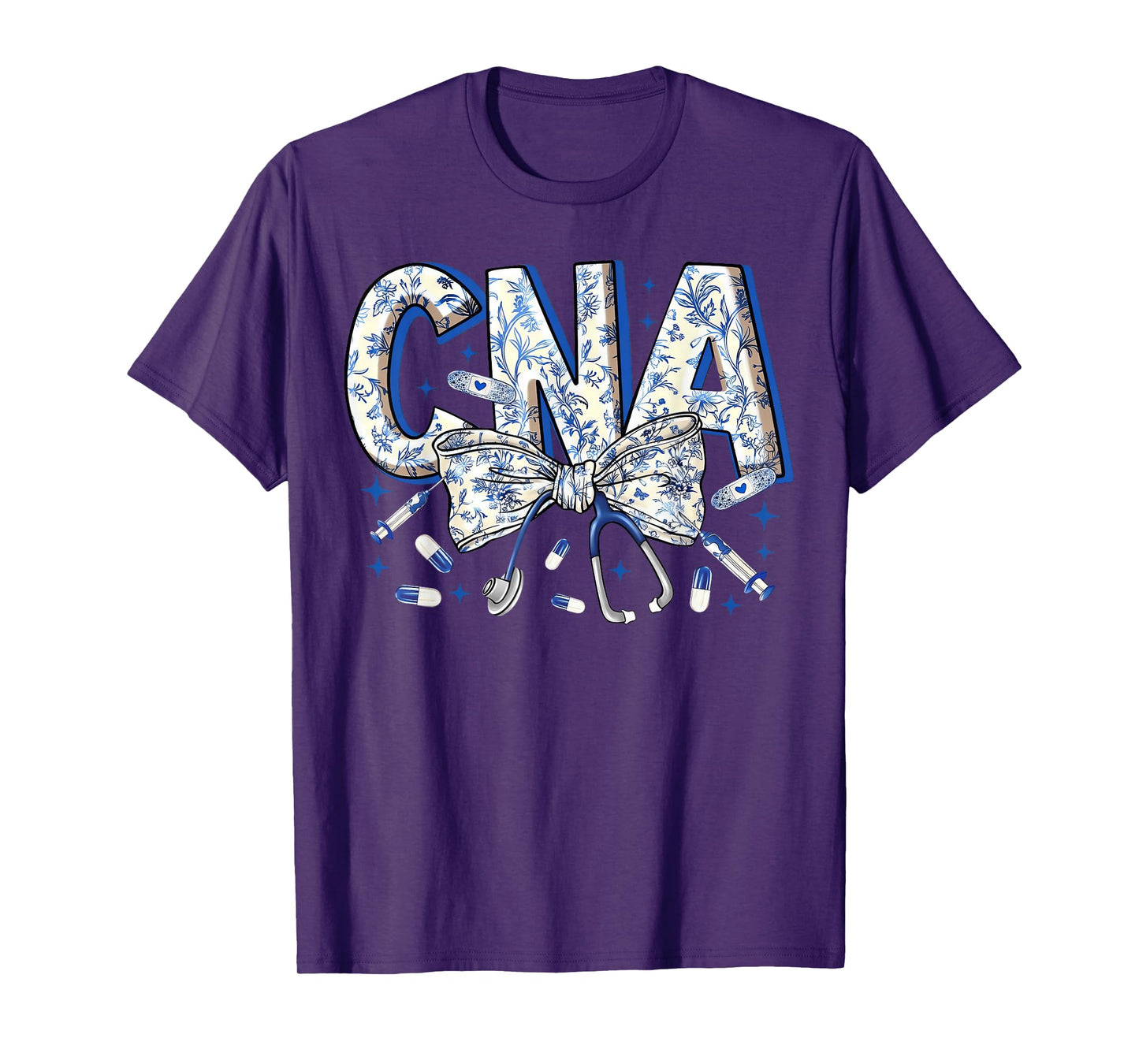 Coquette CNA Nurse Blue Floral Stethoscope Bow Cute Nurse T-Shirt