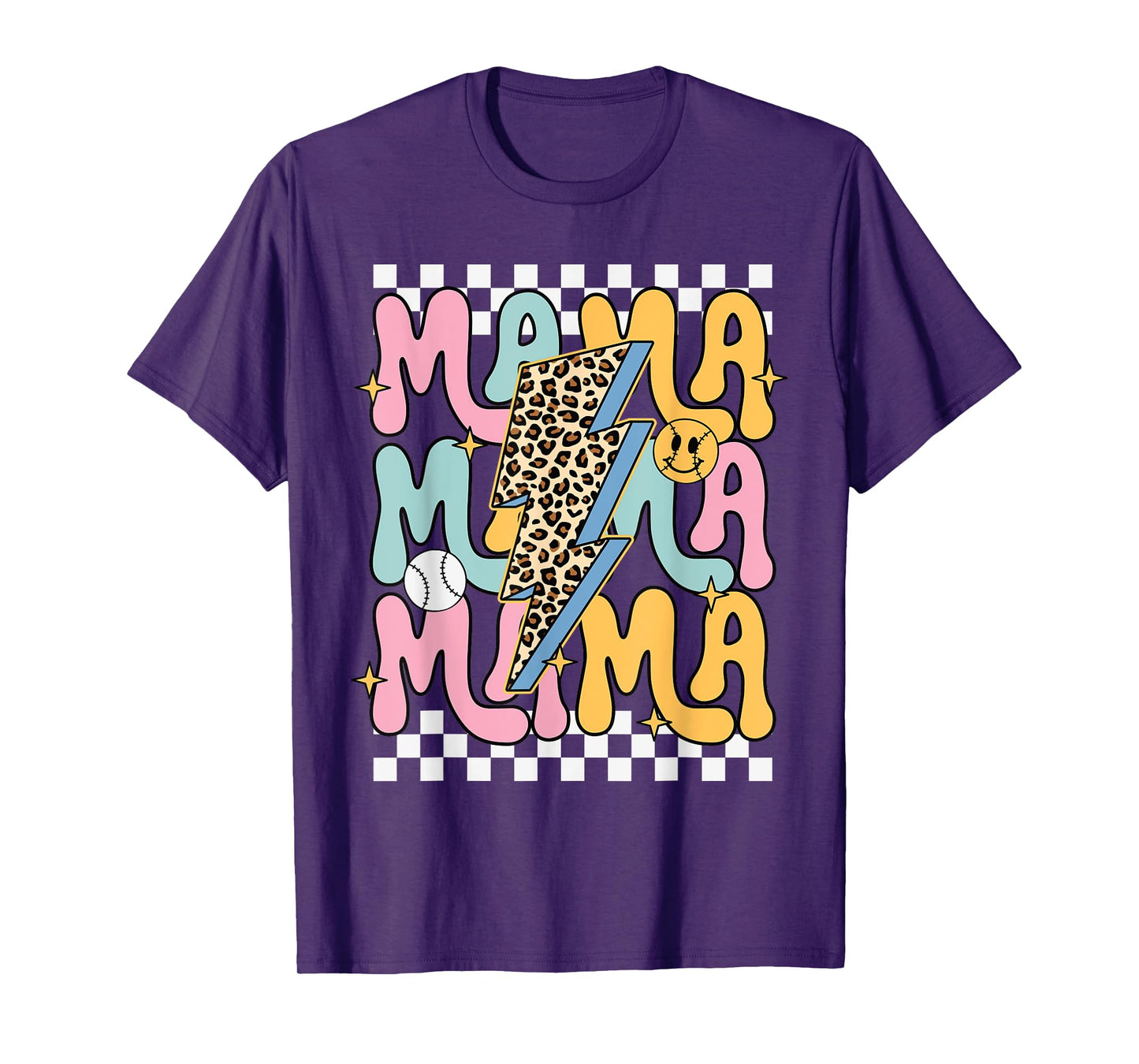 Retro MAMA Leopard Lightning Bolt Baseball Softball Smile T-Shirt
