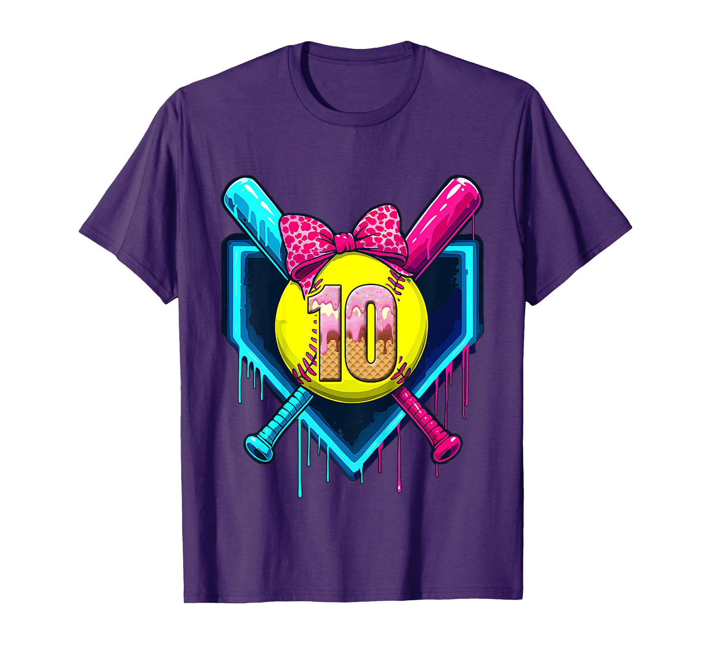 Softball 10 Years Old Ice Cream Drip 10th Birthday Girl T-Shirt