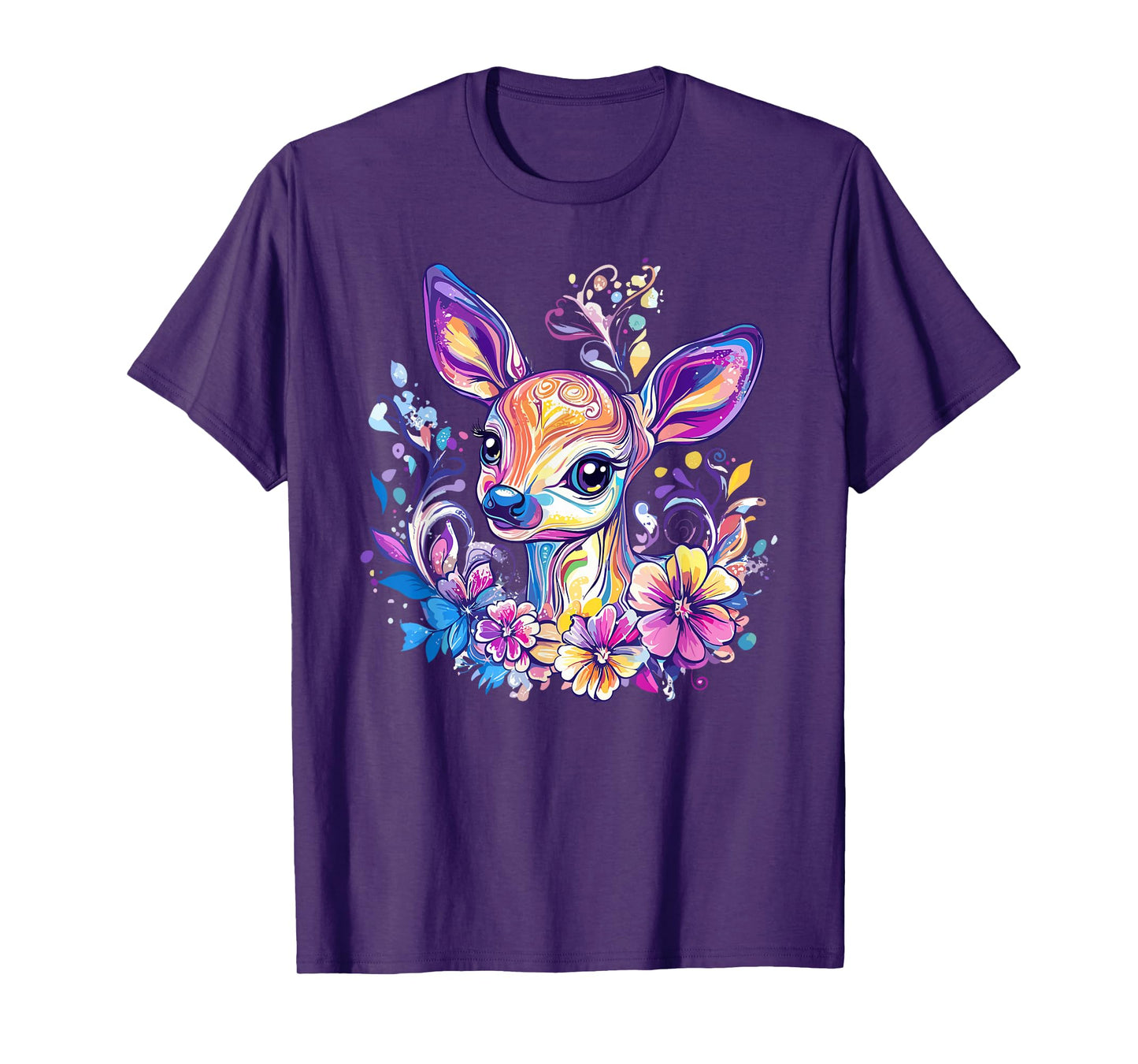 Whimsical Deer With Colorful Floral Pattern T-Shirt