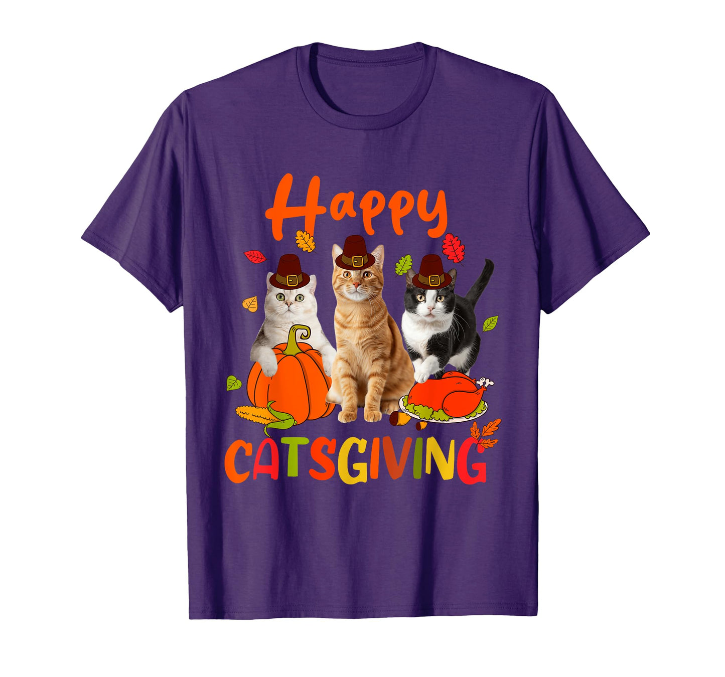 Happy Catsgiving Thanksgiving Kitten Cat Wears Pilgrim Hat T-Shirt