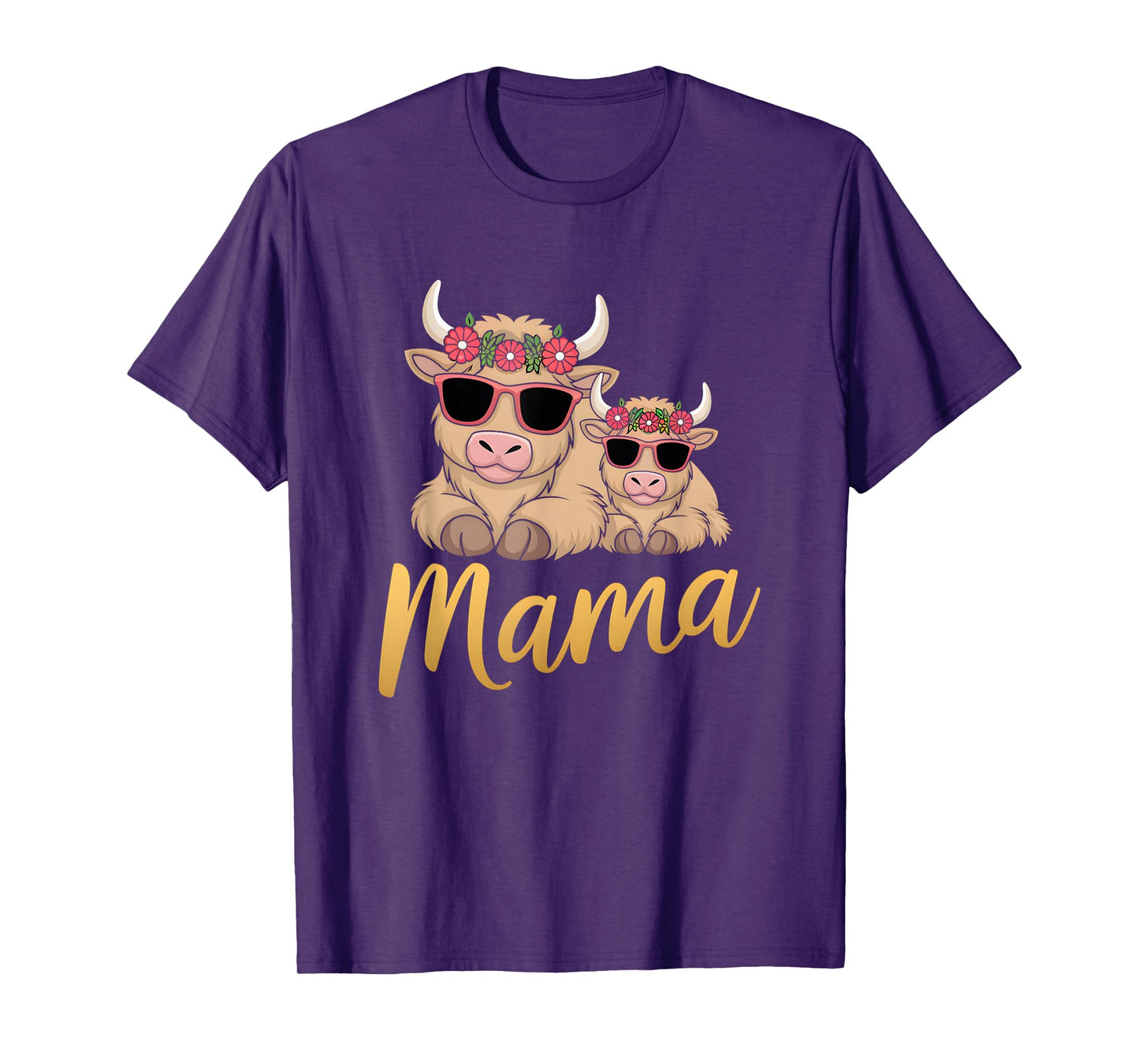 Mama Highland Cow With Baby Calf Mothers Day Family Floral T-Shirt