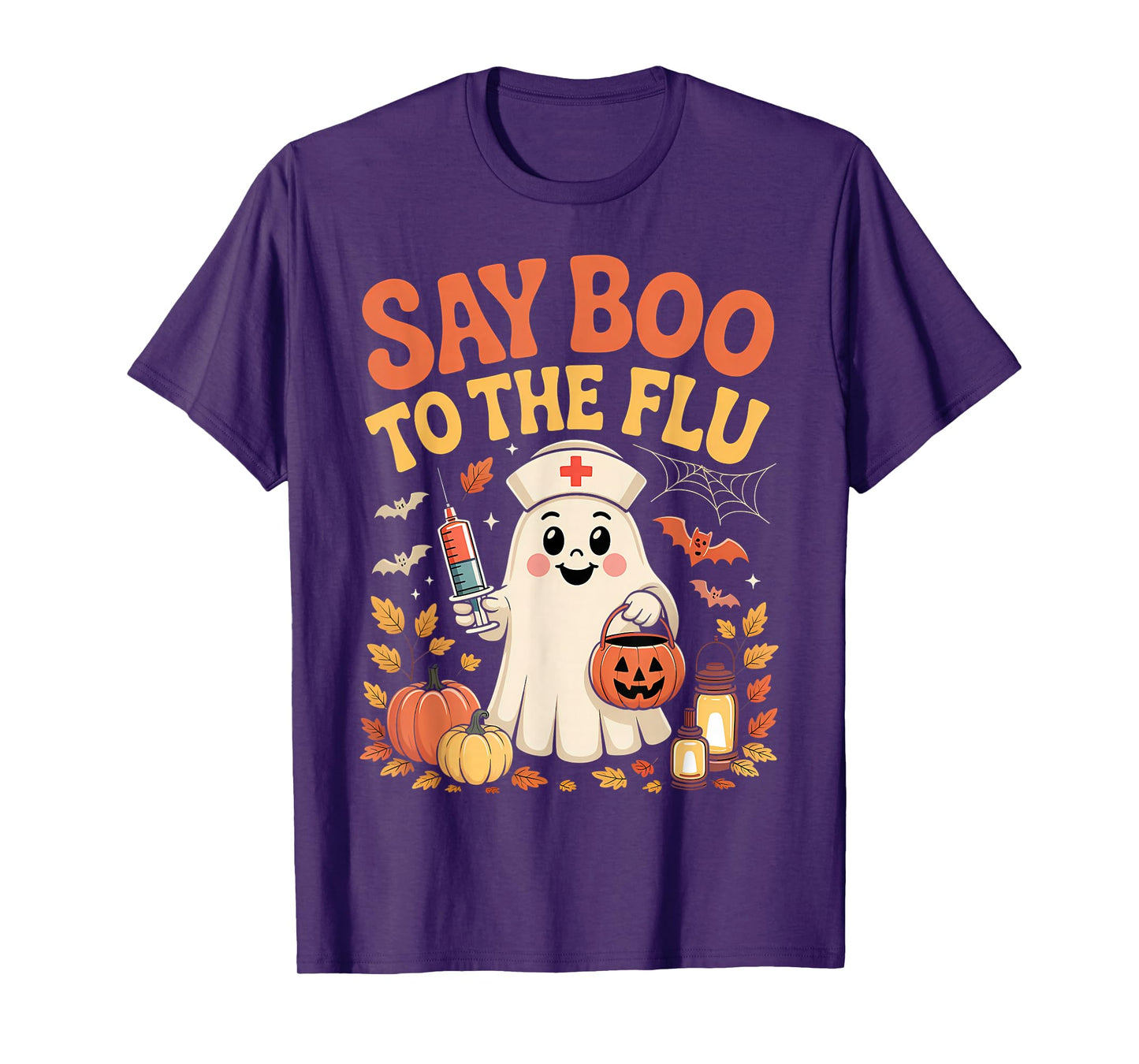 Funny Retro Nurse Ghost Halloween Vaccine Say Boo to The Flu T-Shirt