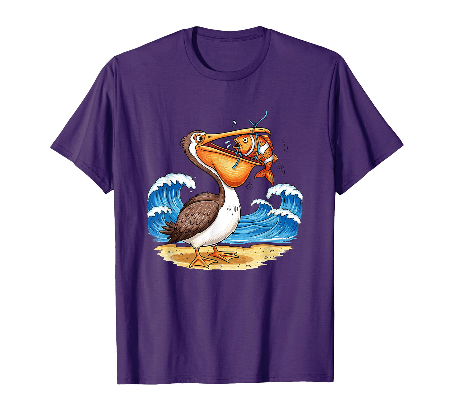 Pelican Catching Fish Beach Waves Scene T-Shirt