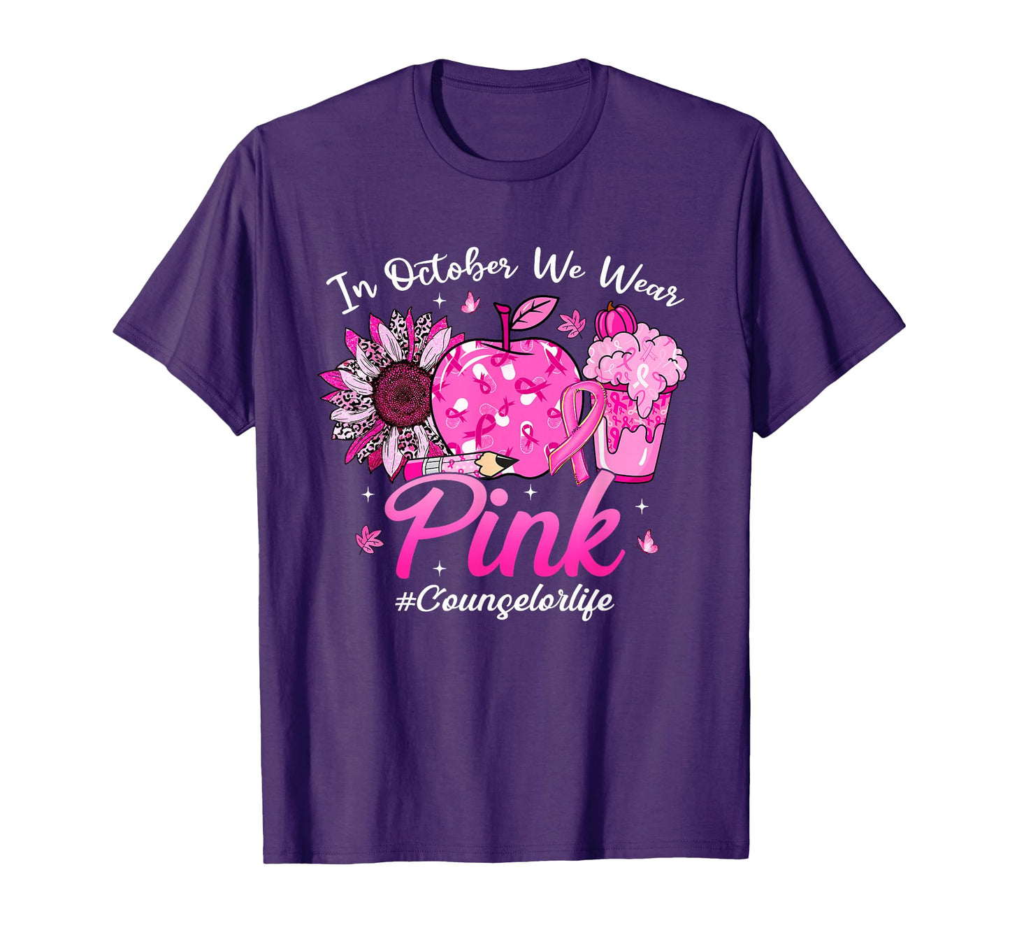 in October We Wear Pink Counselor Life Breast Cancer T-Shirt