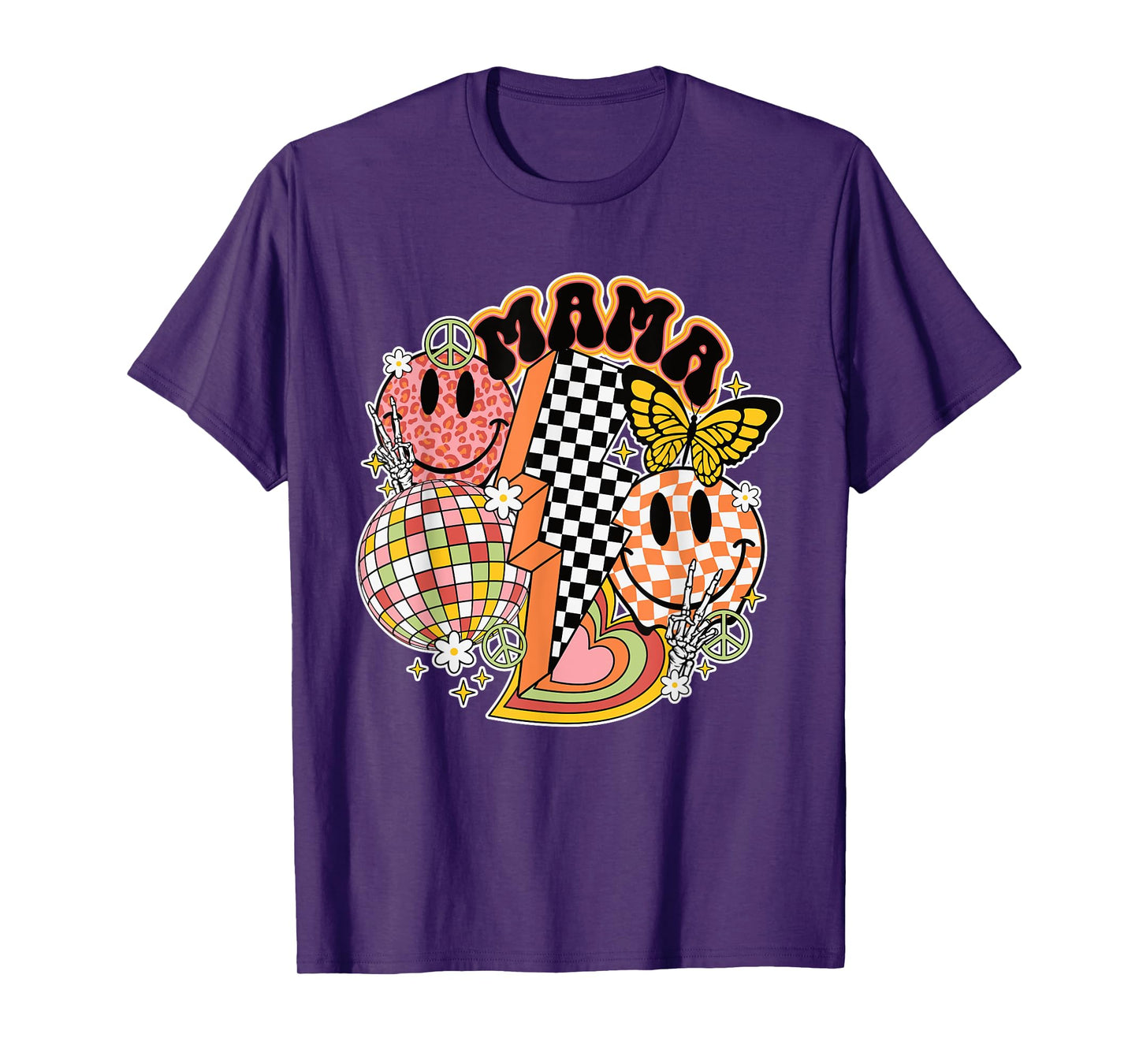 Retro Mama Happy Face Peace Sign Disco Ball Lightning Bolt T-Shirt