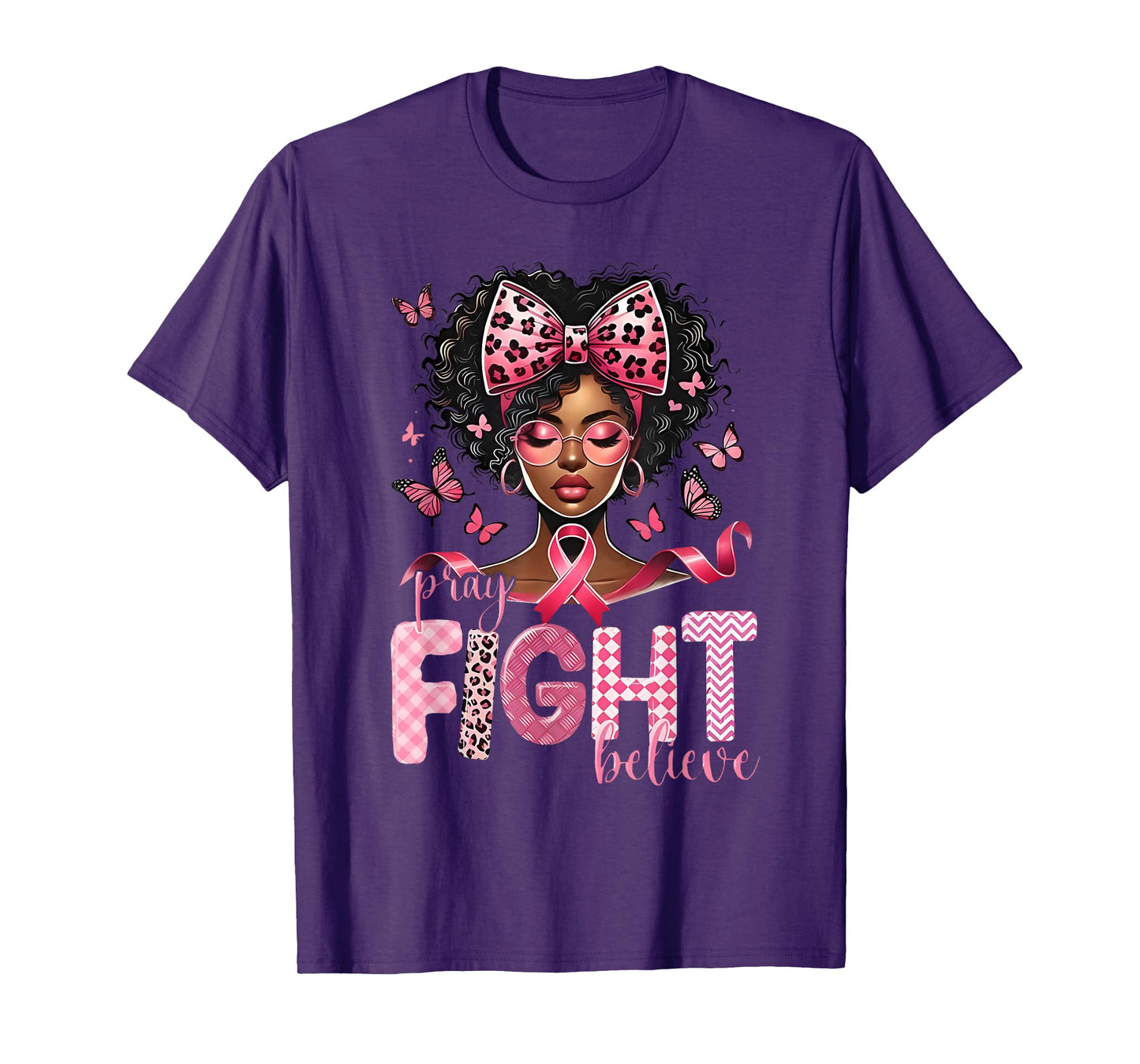 Pray Believe Fight Messy Bun Black Women Pink Breast Cancer T-Shirt