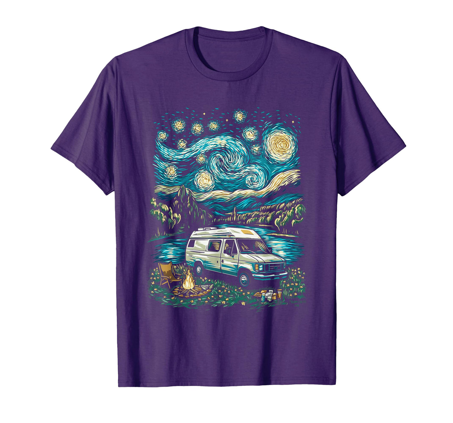 Camper Van Adventure Under Starry Sky Near Flowing River T-Shirt