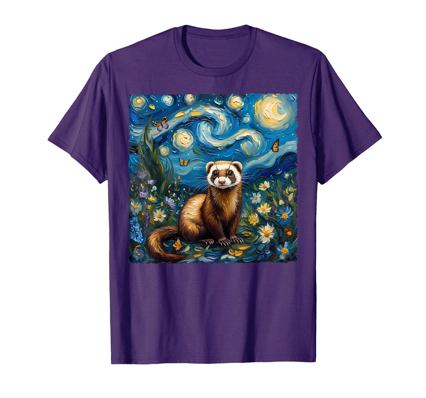 Van Gogh's Starry Night Style Earth Day Ferret Wildlife Art T-Shirt